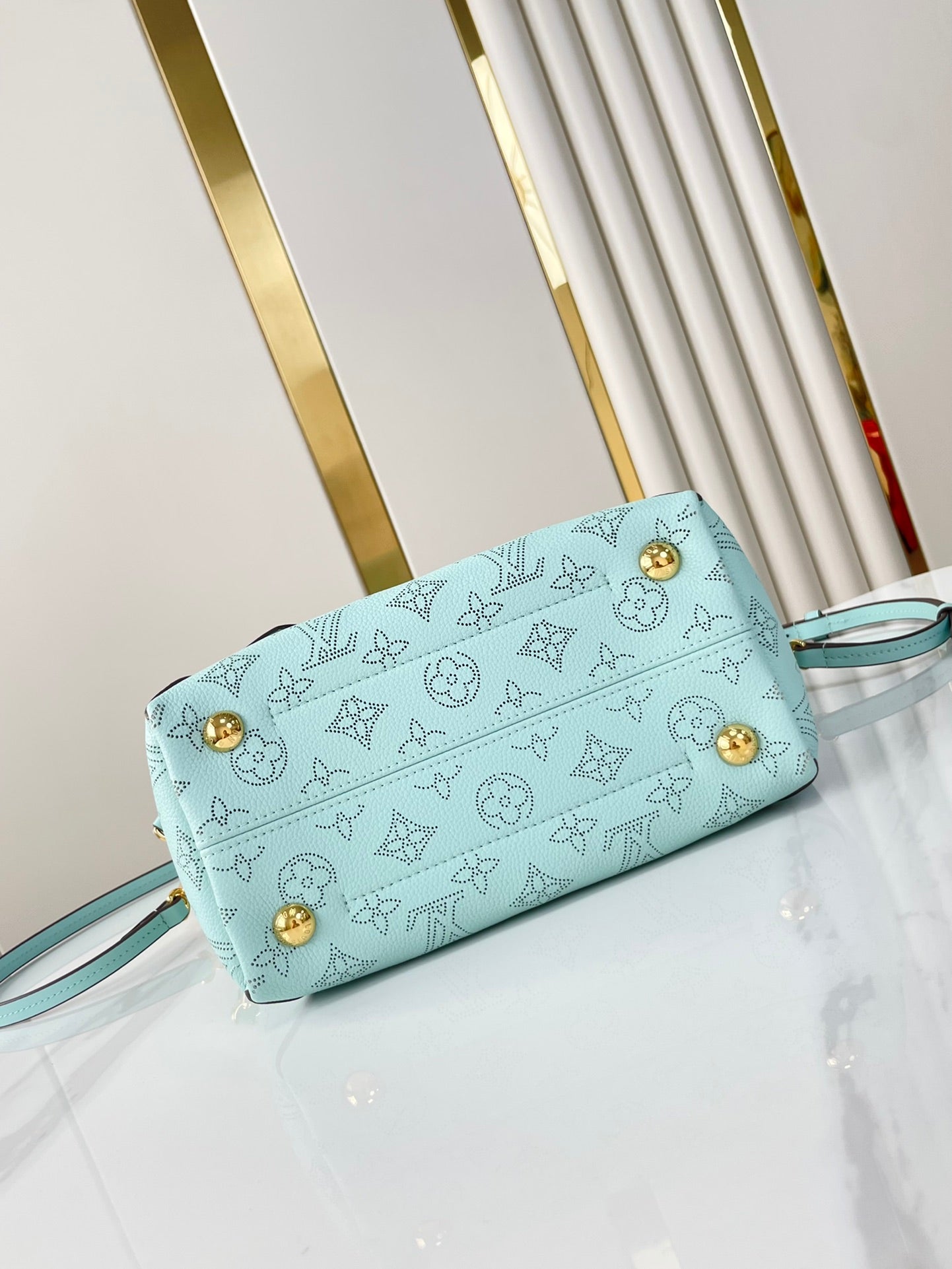 HINA 23 IN SKY BLUE MONOGRAM PERFORATED CALFSKIN