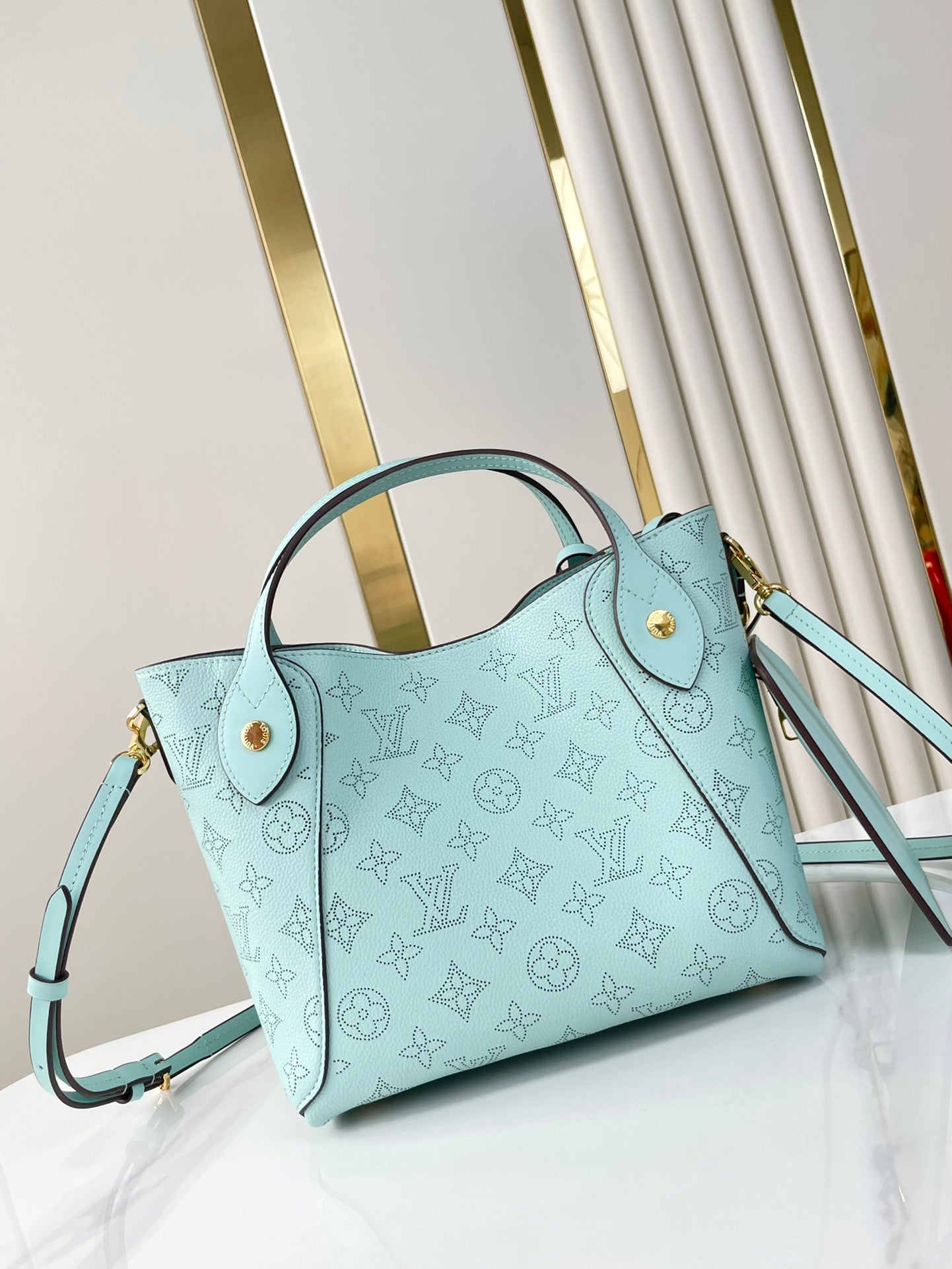 HINA 23 IN SKY BLUE MONOGRAM PERFORATED CALFSKIN