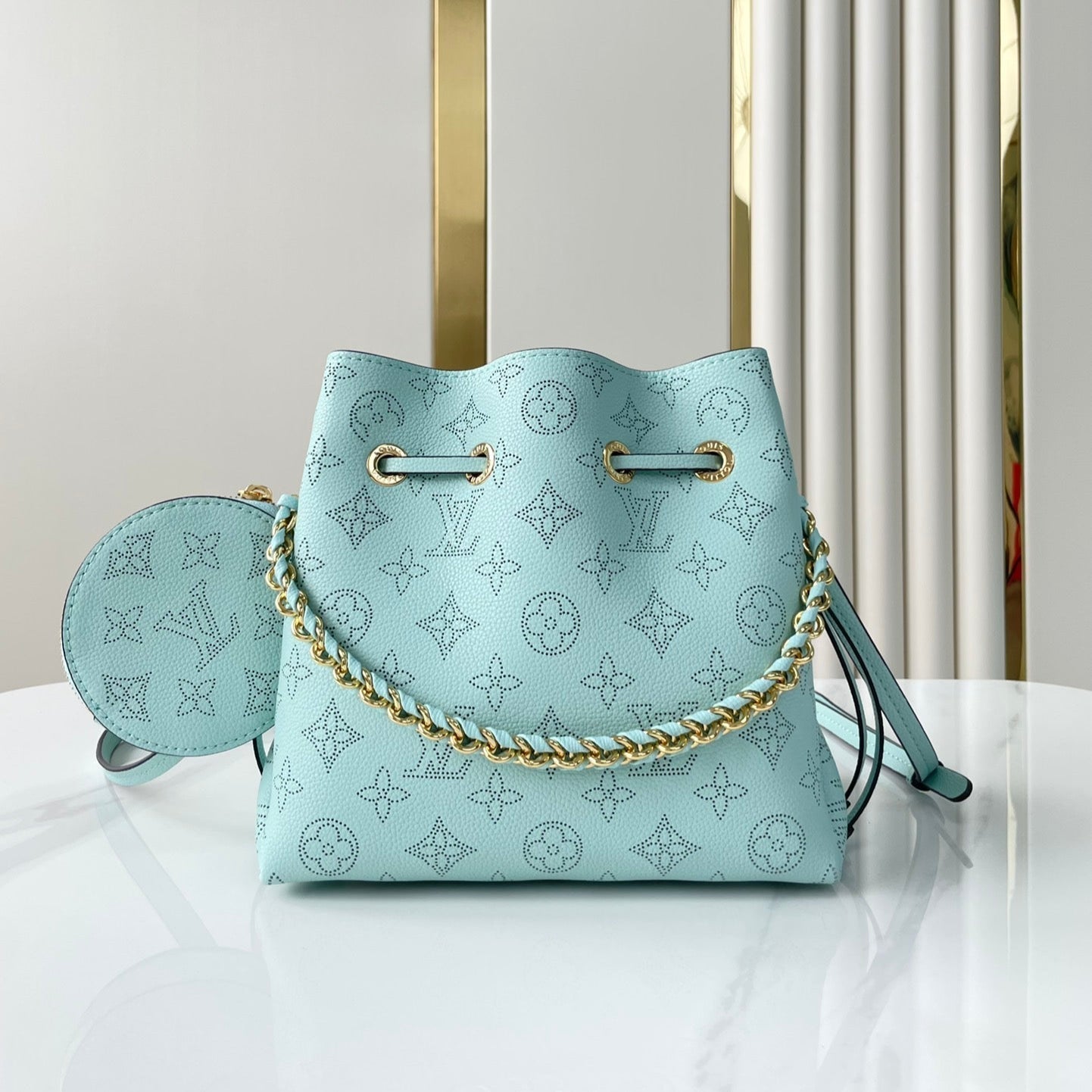 BELLA 22 IN SKY BLUE MONOGRAM PERFORATED CALFSKIN