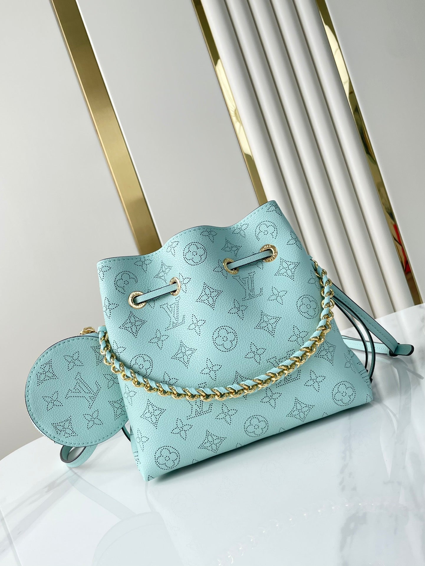 BELLA 22 IN SKY BLUE MONOGRAM PERFORATED CALFSKIN