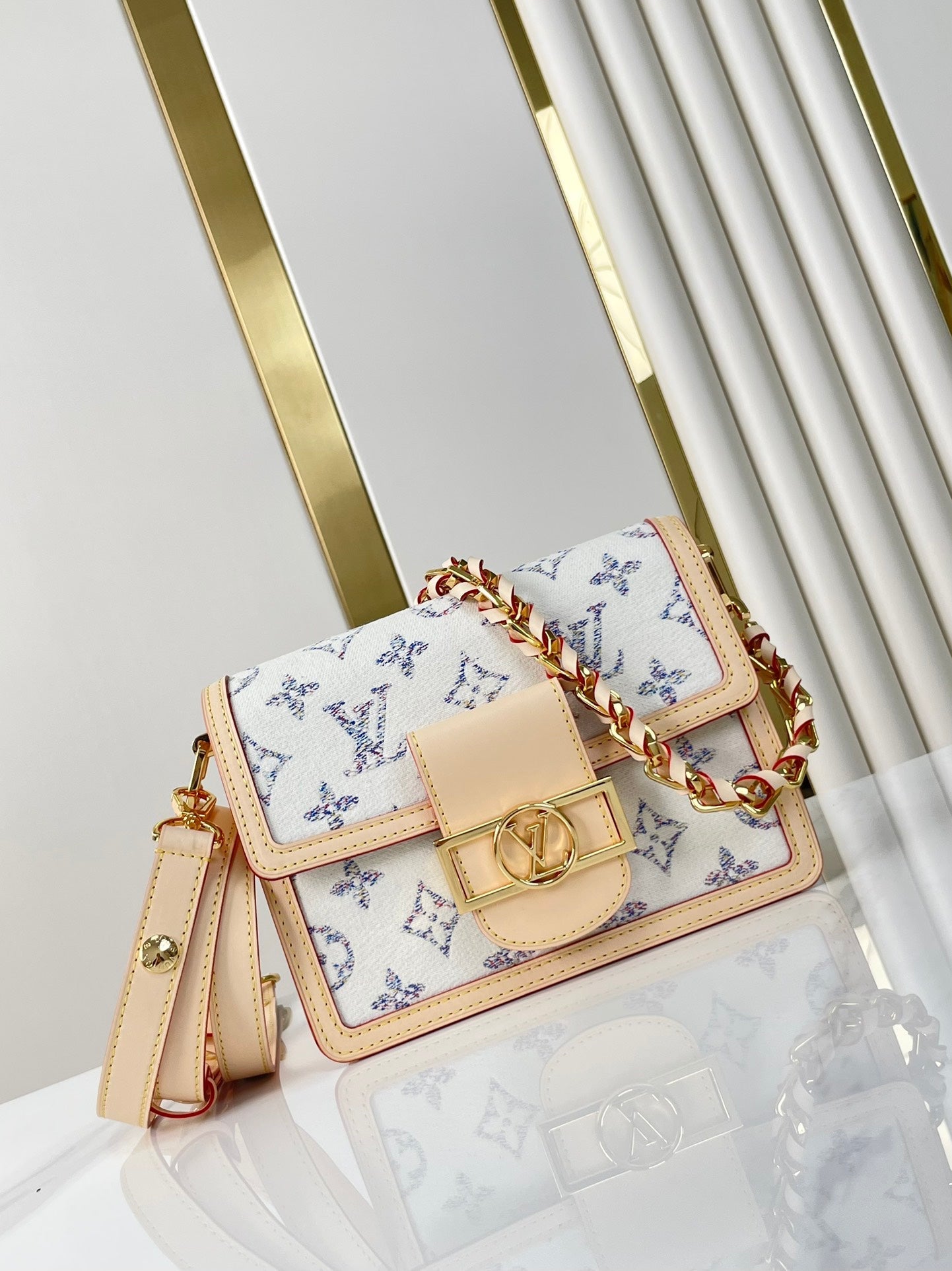 DAUPHINE MINI 20 IN WHITE MONOGRAM JACQUARD FABRIC GOLD HARDWARE