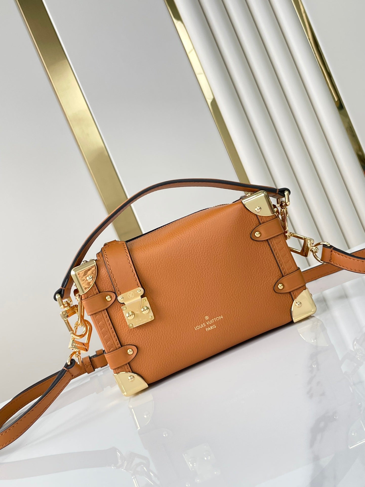 SIDE TRUNK MINI 18 IN ORANGE BROWN CALFSKIN GOLD HARDWARE