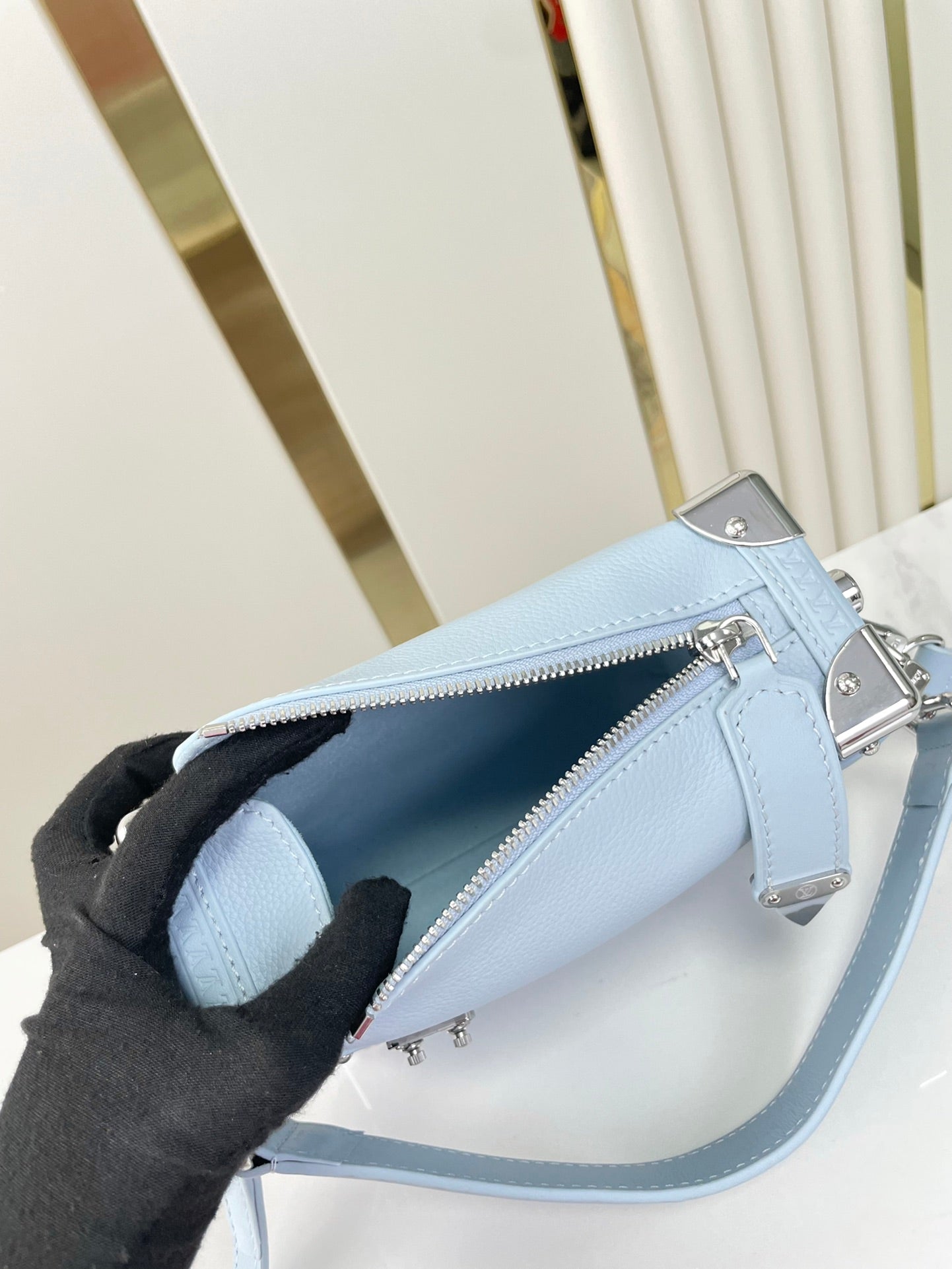 SIDE TRUNK MINI 18 IN SKY BLUE CALFSKIN SILVER HARDWARE