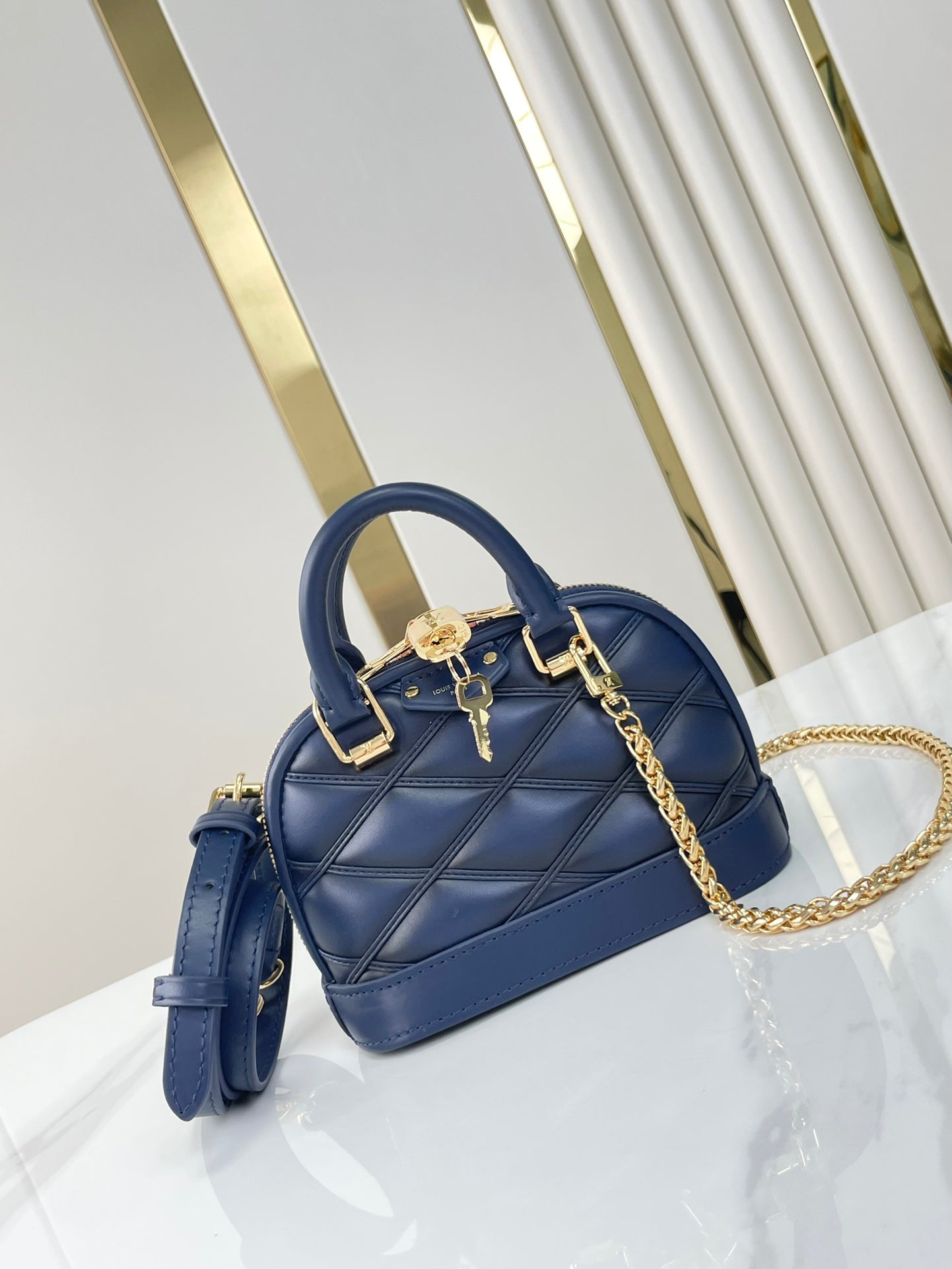 NANO ALMA 18 IN NAVY BLUE QUILTED LAMBSKIN GOLD HARDWARE