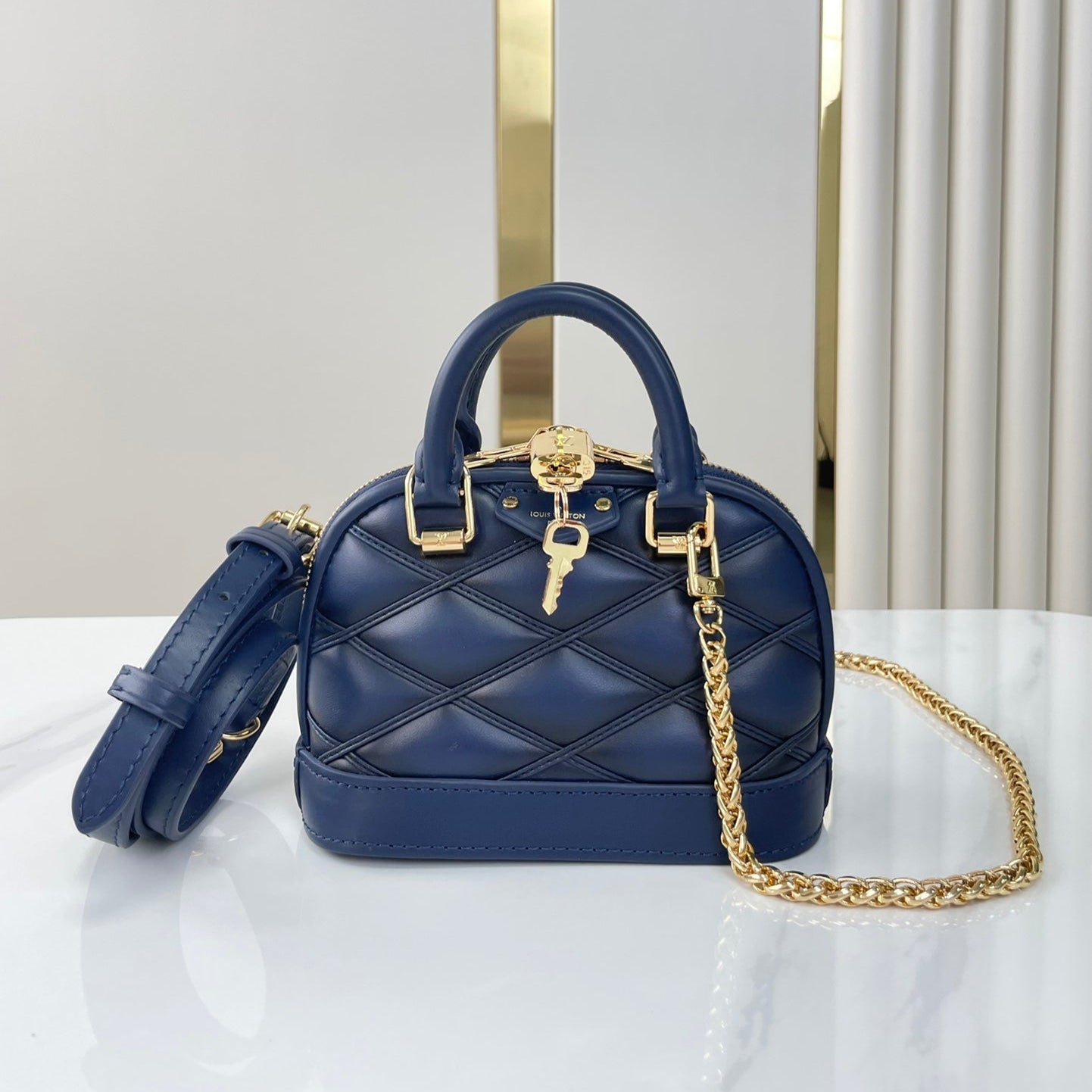 NANO ALMA 18 IN NAVY BLUE QUILTED LAMBSKIN GOLD HARDWARE