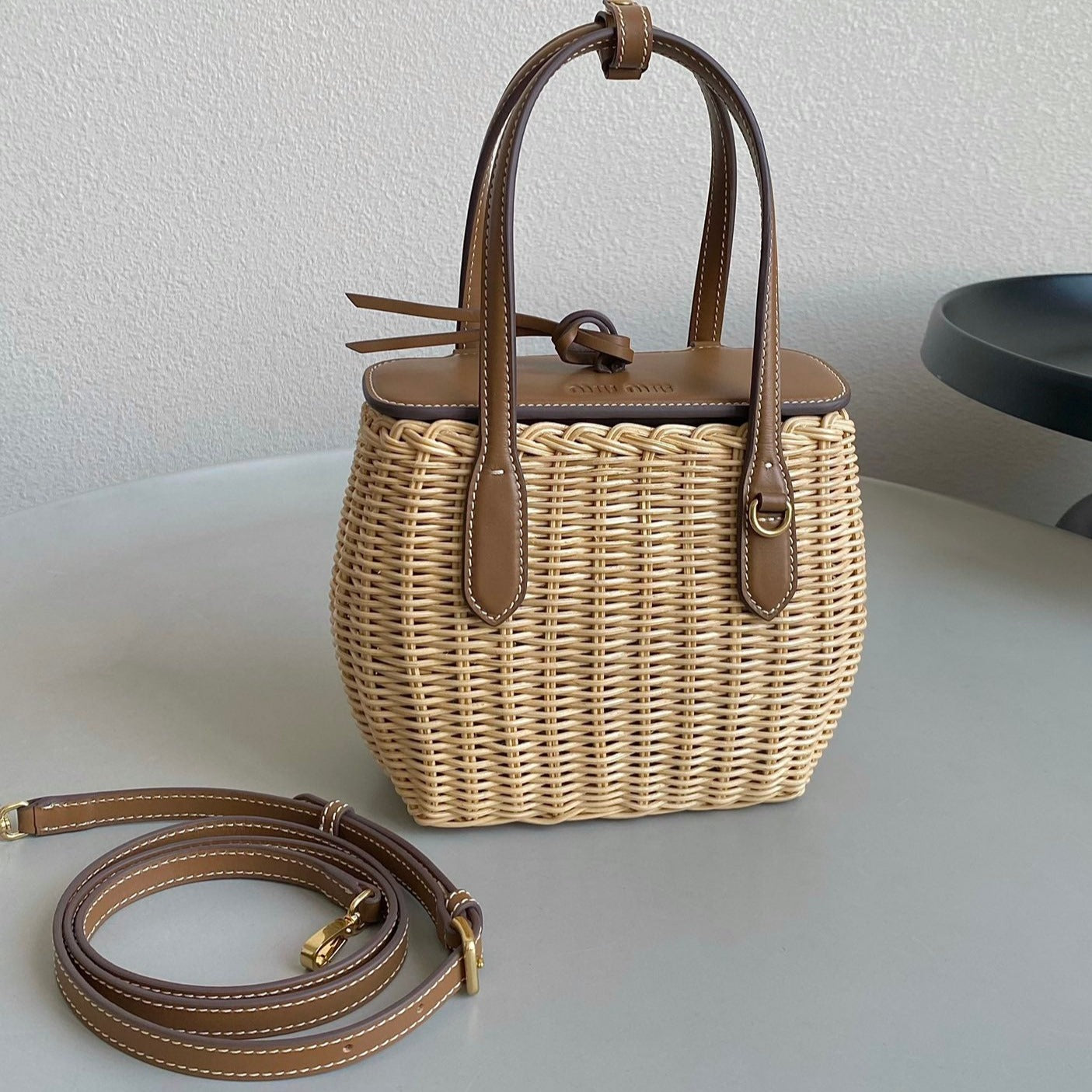 BASKET 20 BAG IN BROWN BEIGE WICKER AND LEATHER