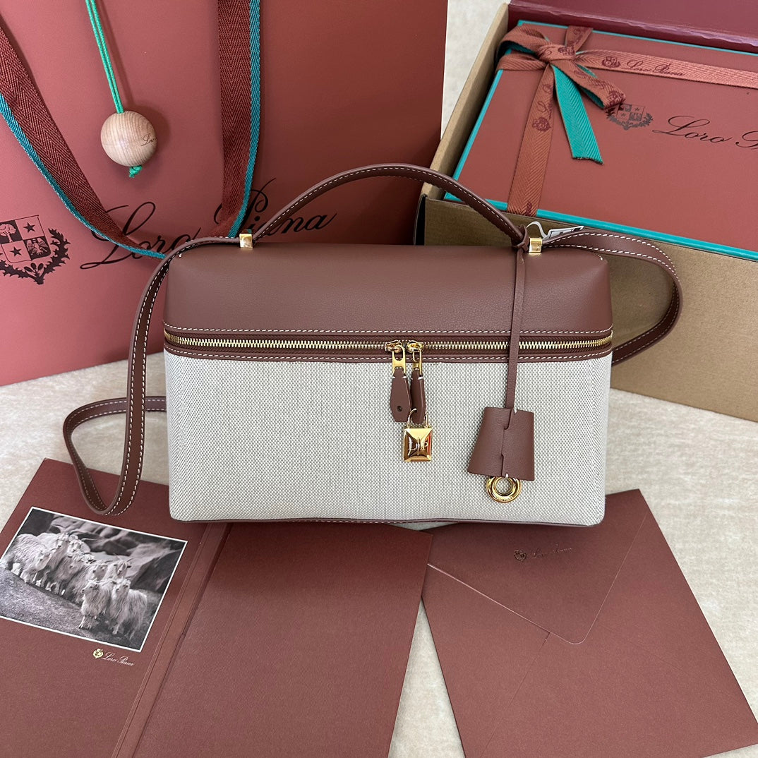 EXTRA BAG L27 IN WHITE CANVAS AND RED BROWN CALFSKIN WITH GOLD HARDWARE