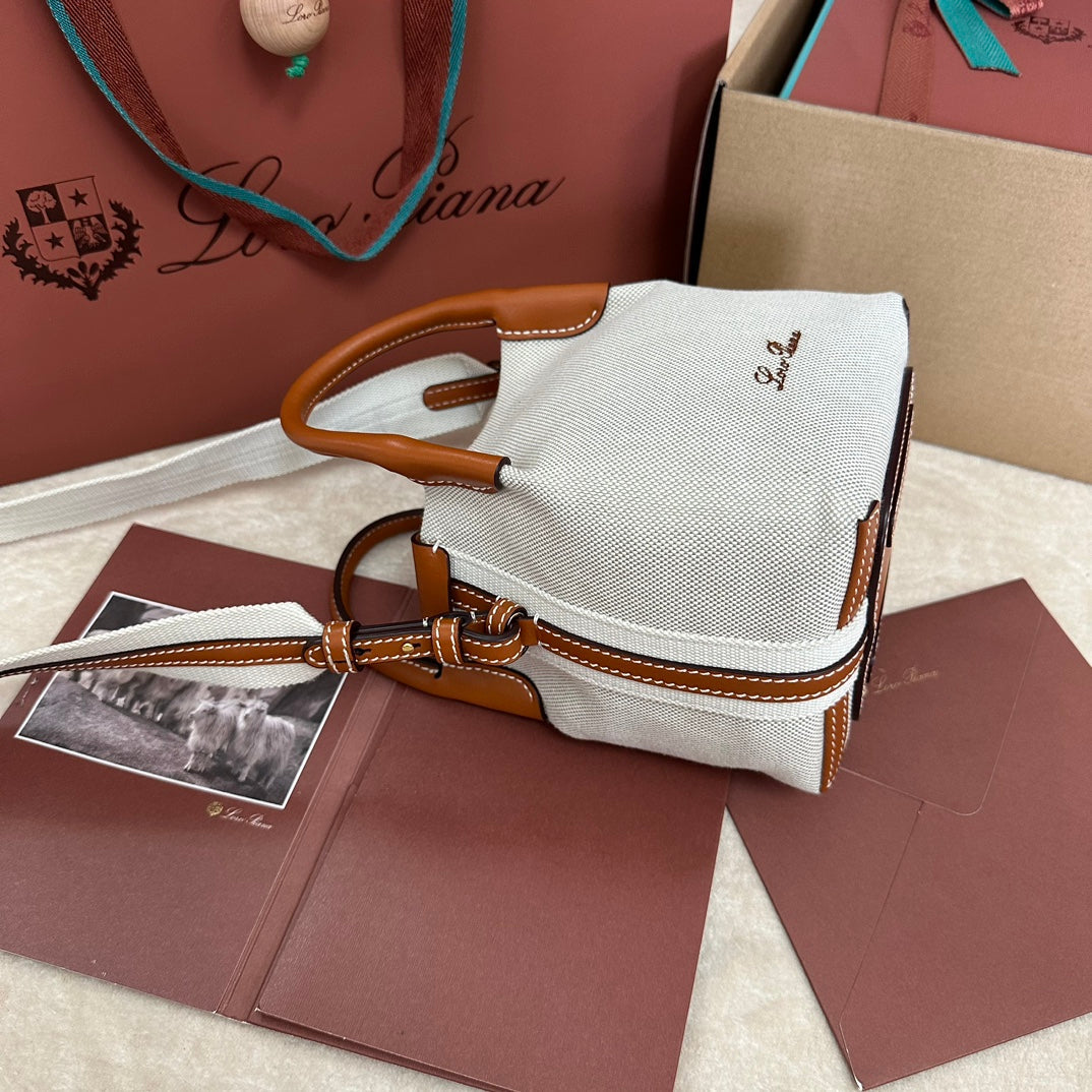 MICRO BALE BAG IN WHITE CANVAS AND BRONZE BROWN CALFSKIN