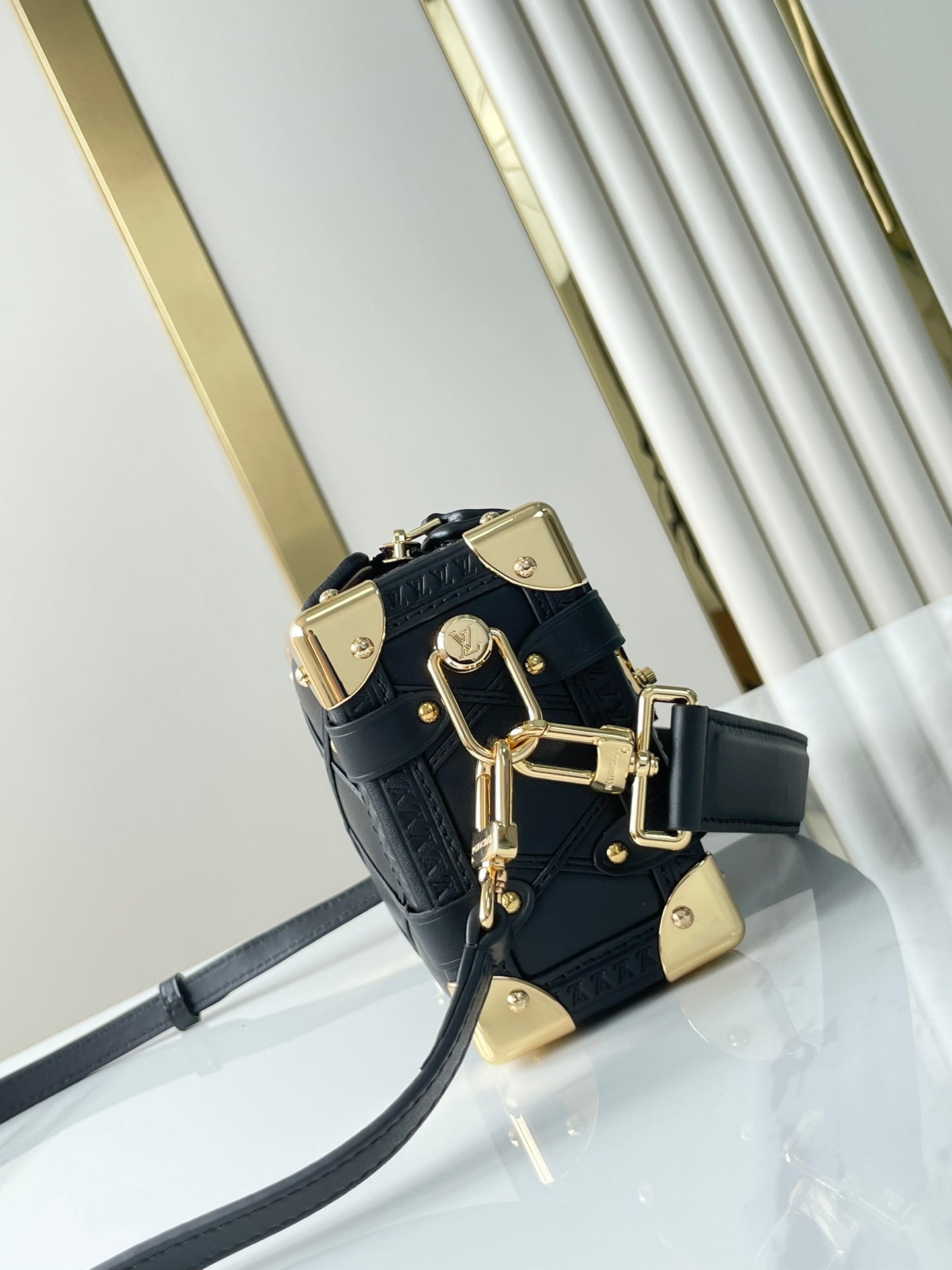 SIDE TRUNK MINI 18 IN BLACK LAMBSKIN WITH CRISS CROSS PATTERN GOLD HARDWARE