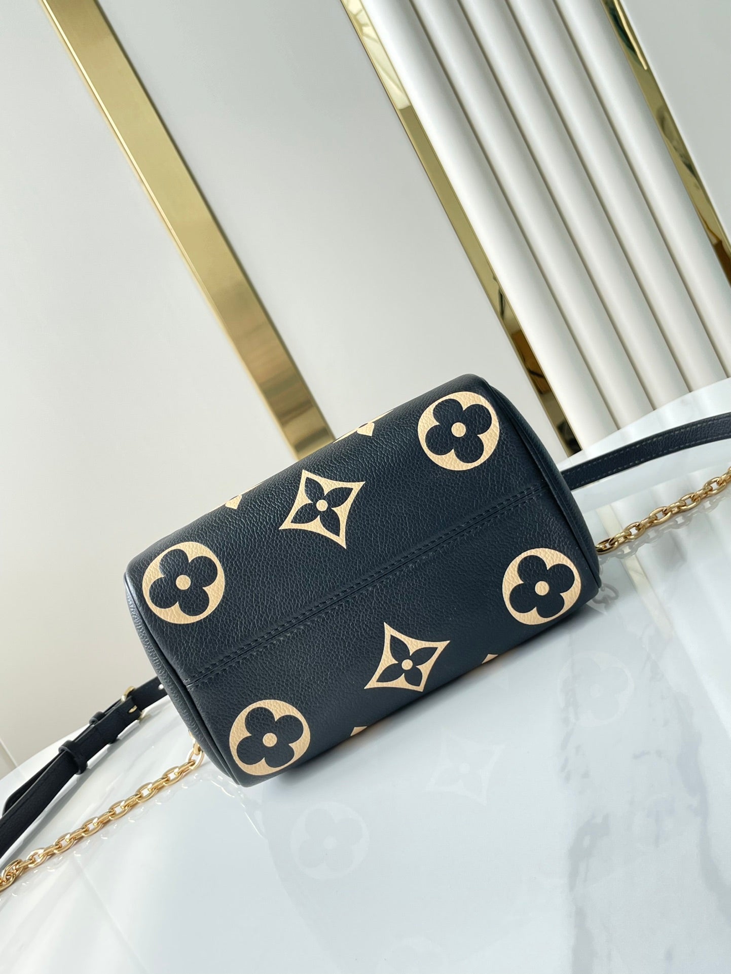 SPEEDY BANDOULIÈRE 20 IN BLACK CREAM MONOGRAM EMPREINTE LEATHER GOLD HARDWARE