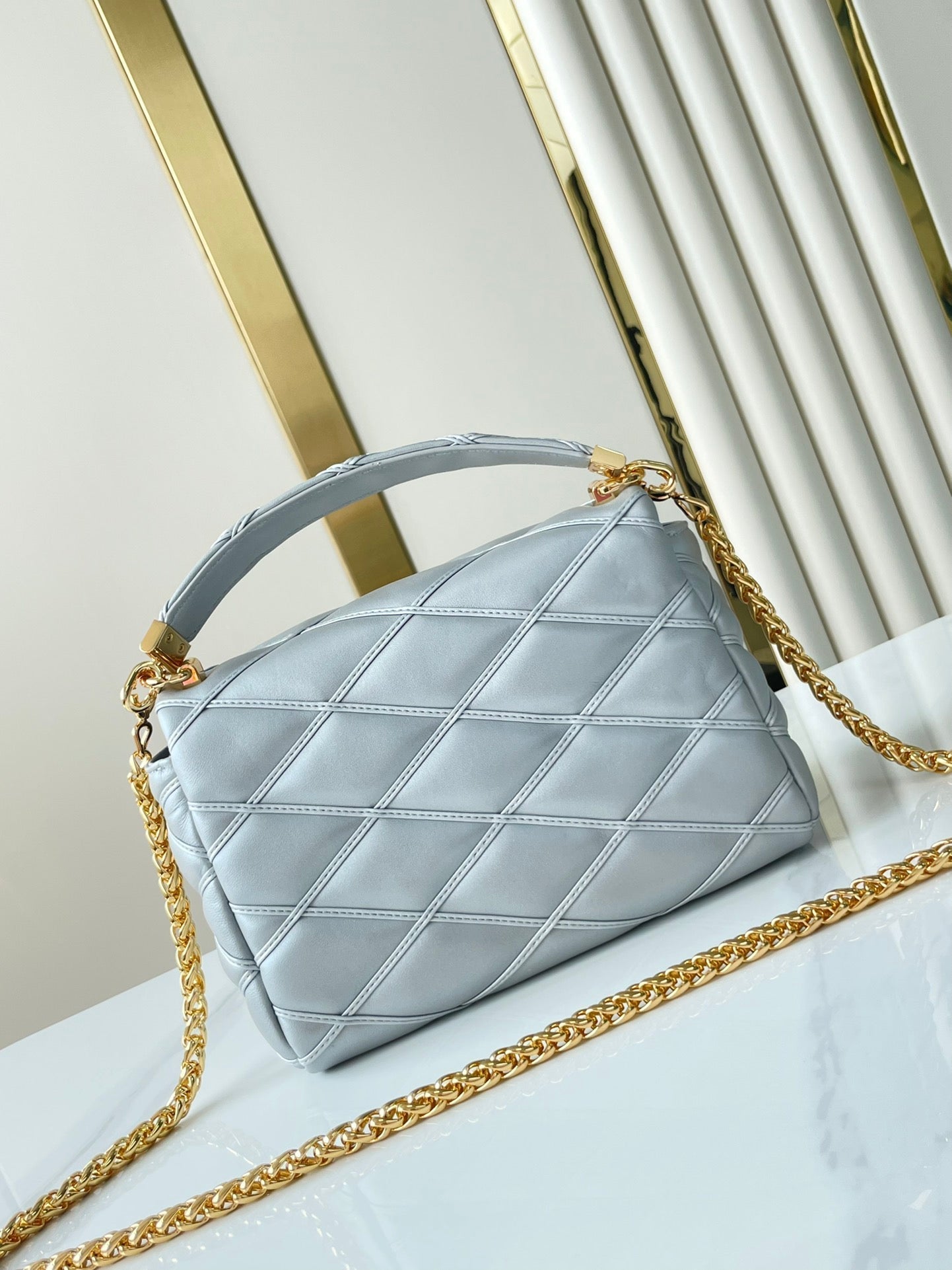 GO-14 MM 23 IN ECRUME GRAY QUILTED LAMBSKIN GOLD HARDWARE