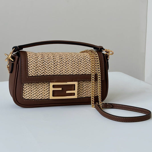 FENDI BAGUETTE 20 BAG IN BEIGE RAFFIA AND BROWN CALFSKIN WITH GOLD HARDWARE