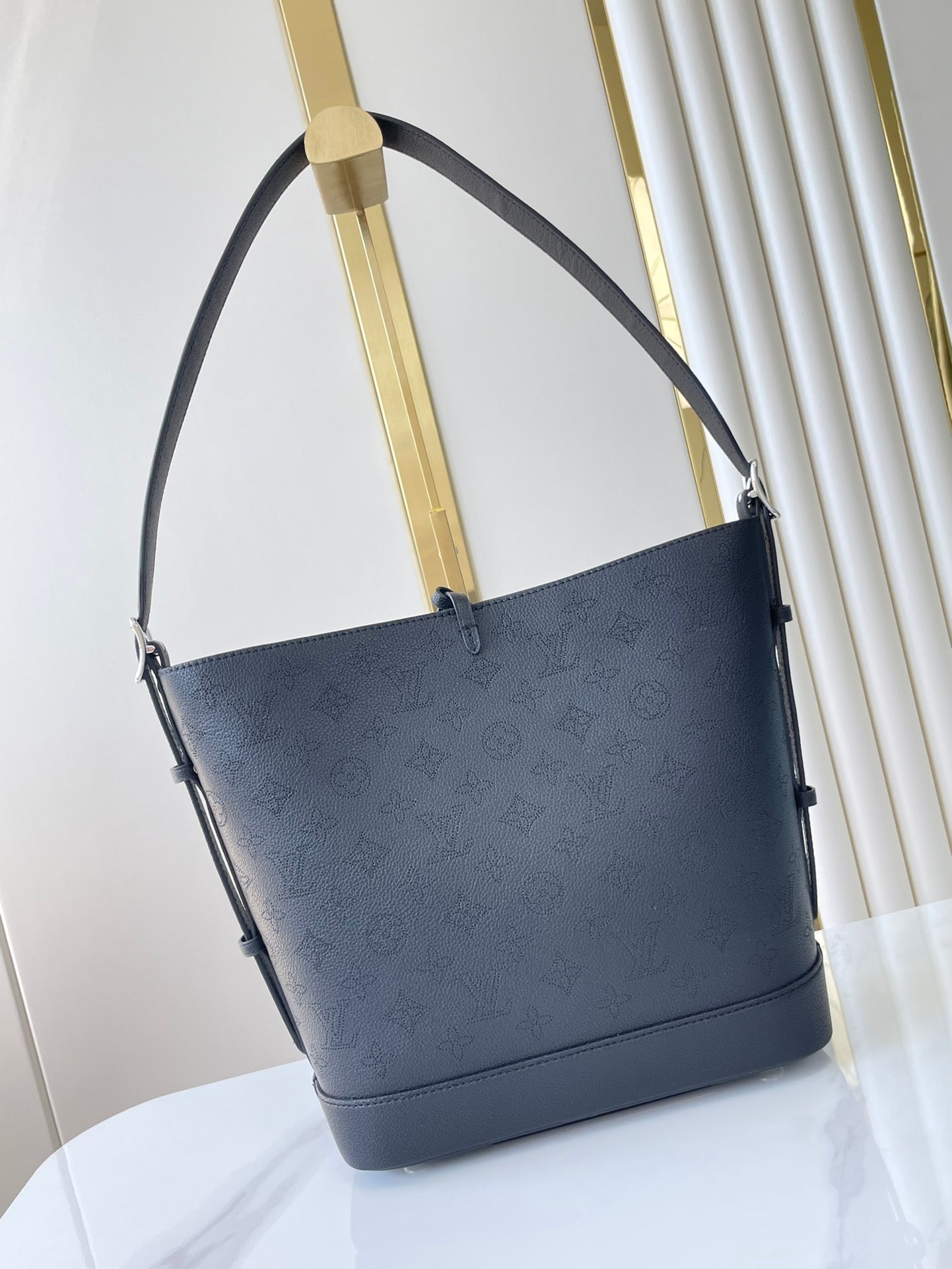 FLORE 28 IN CHARCOAL PERFORATED CALFSKIN