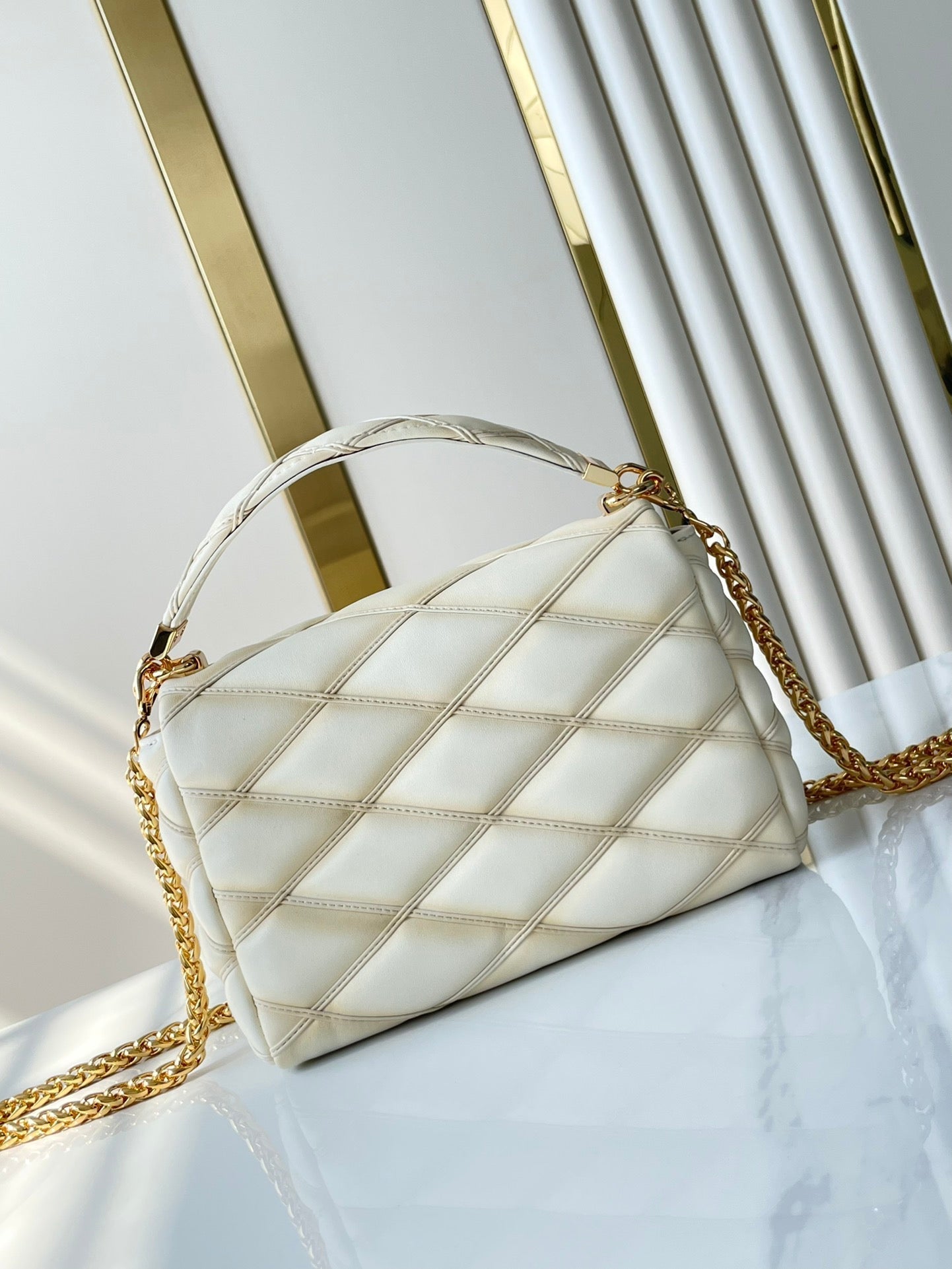 GO-14 PM 20 IN CREAM QUILTED LAMBSKIN GOLD HARDWARE