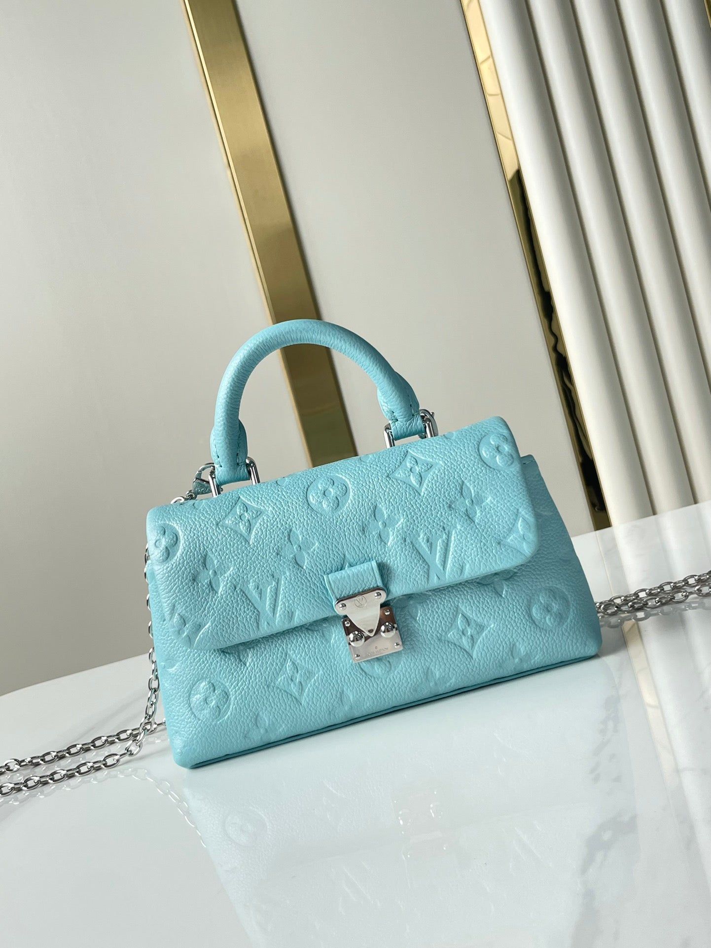 NANO MADELEINE 21 IN SKY BLUE EMBOSSED CALFSKIN SILVER HARDWARE