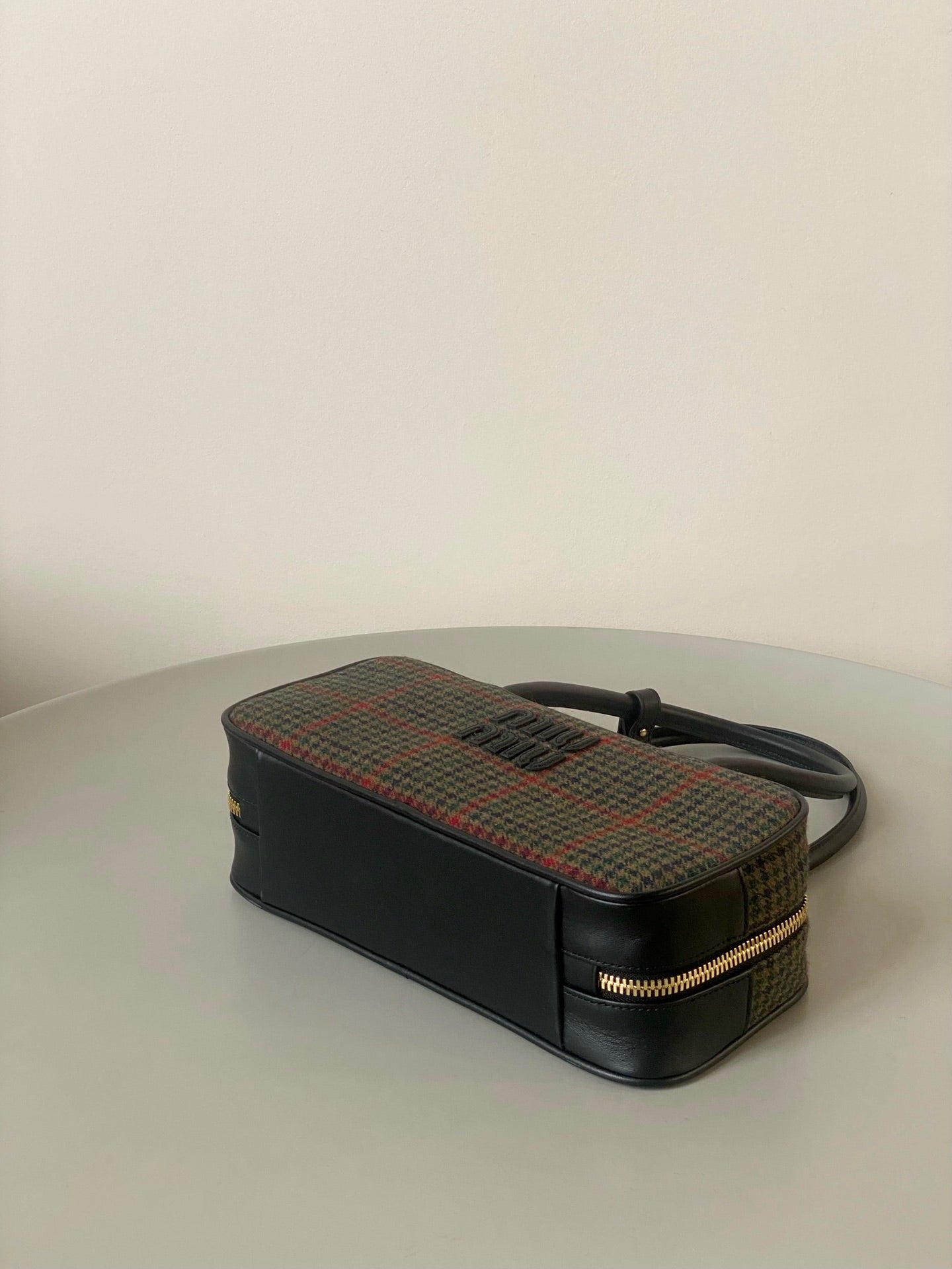 BEAU TOP HANDLE BAG 27 IN LODEN GREEN TARTAN AND BLACK LEATHER TRIM