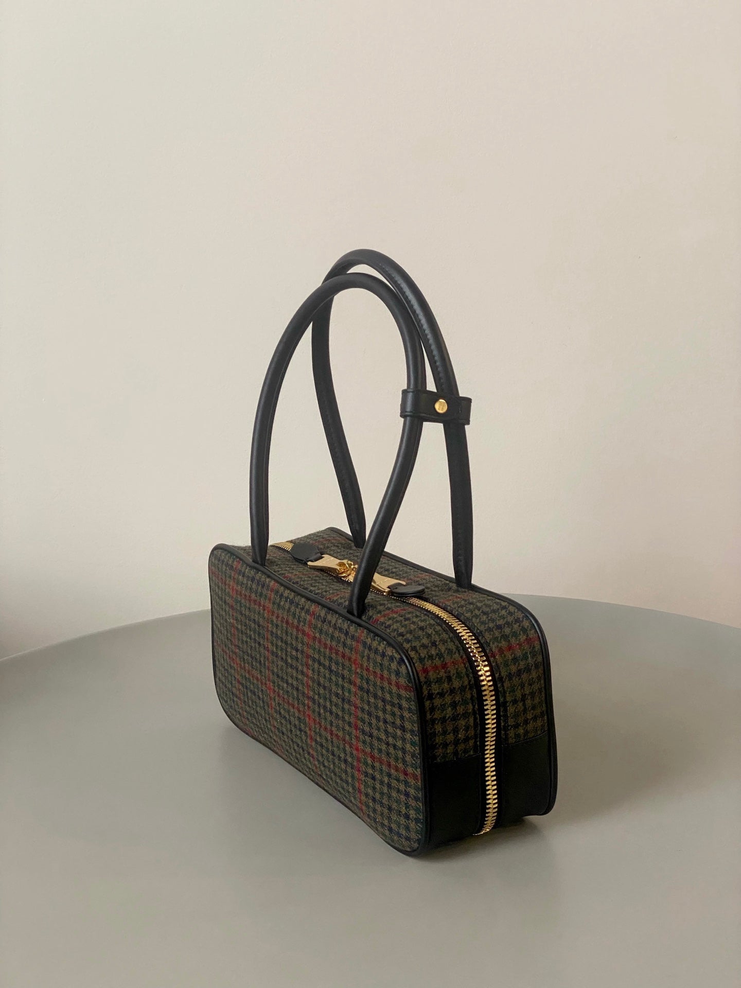 BEAU TOP HANDLE BAG 27 IN LODEN GREEN TARTAN AND BLACK LEATHER TRIM