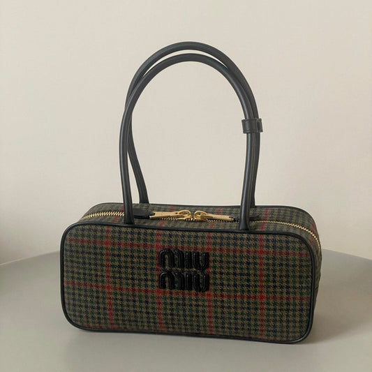 BEAU TOP HANDLE BAG 27 IN LODEN GREEN TARTAN AND BLACK LEATHER TRIM