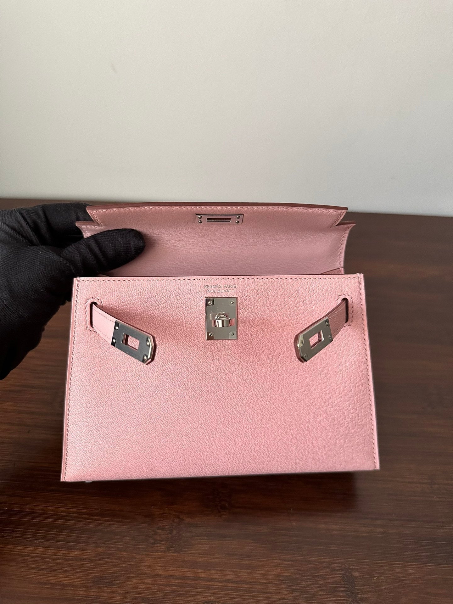 HM KELLY MINI 20 PINK CHEVRE SILVER HARDWARE