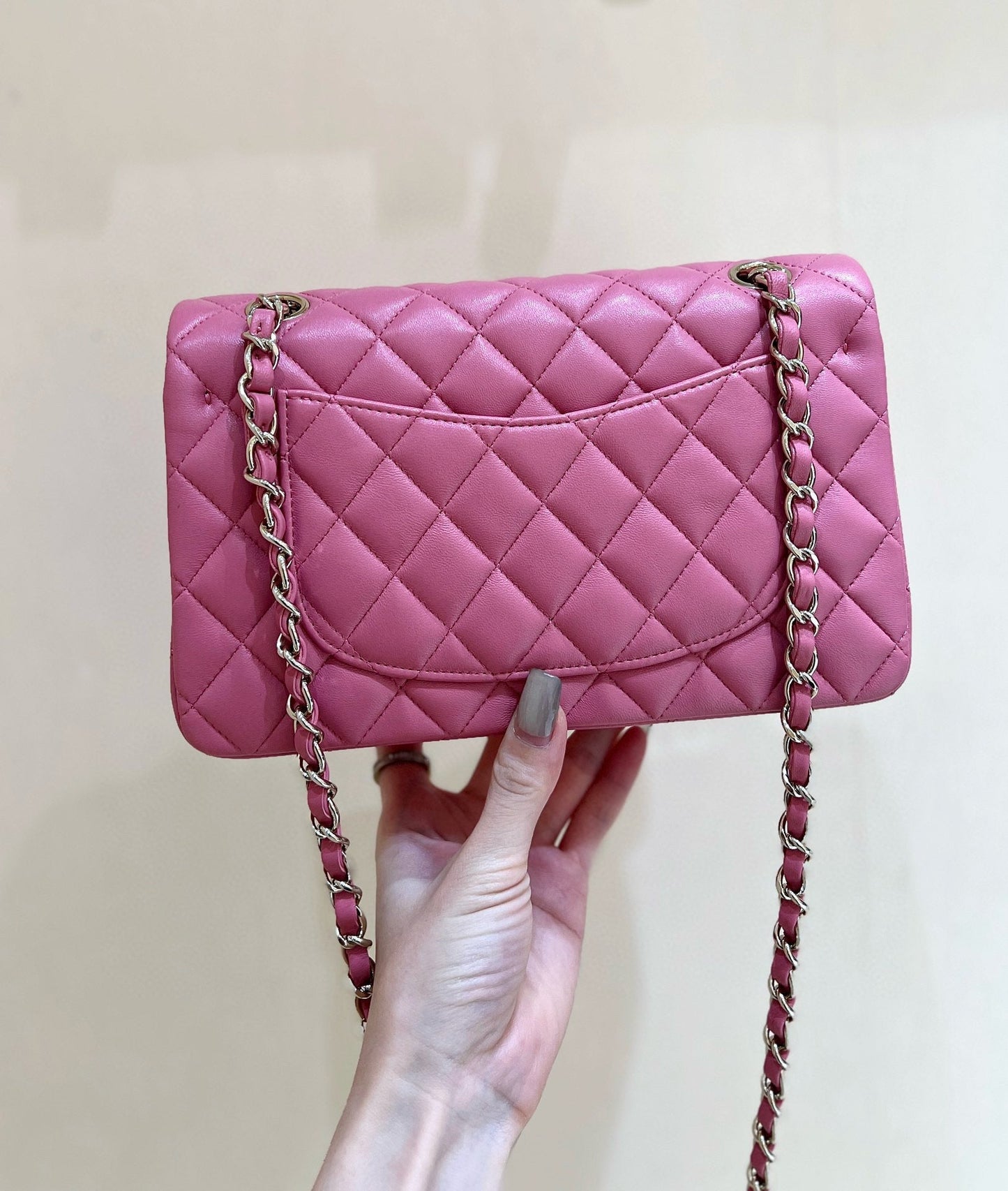 FLAP BAG 23CM GEM PINK LAMBSKIN GOLD HARDWARE