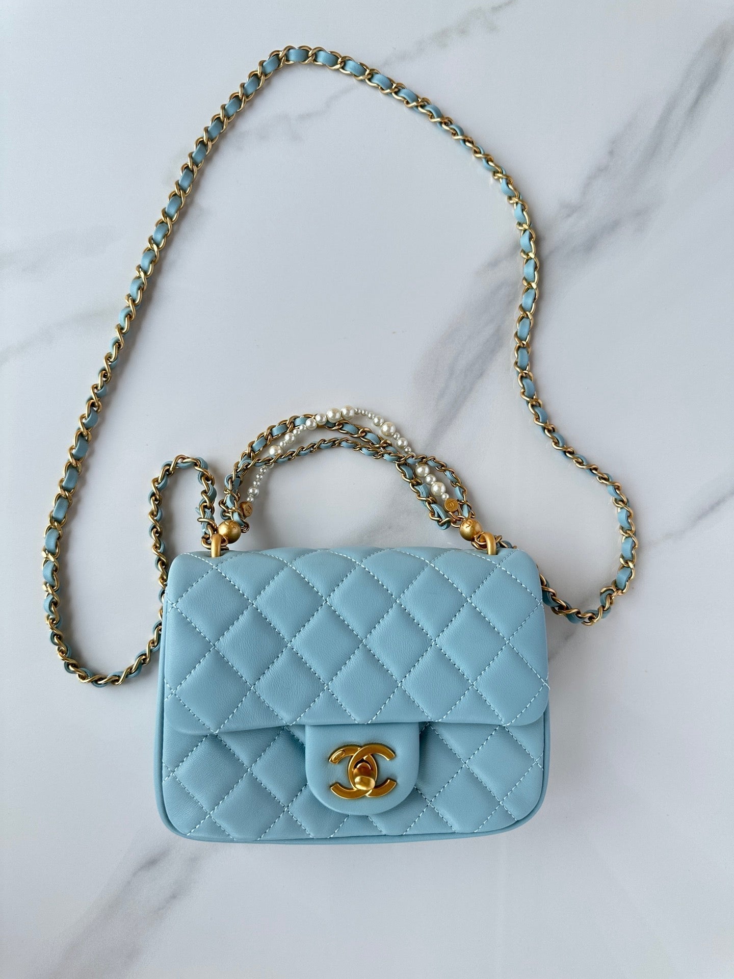 CC MINI 18 FLAP BAG IN LIGHT BLUE CALFSKIN