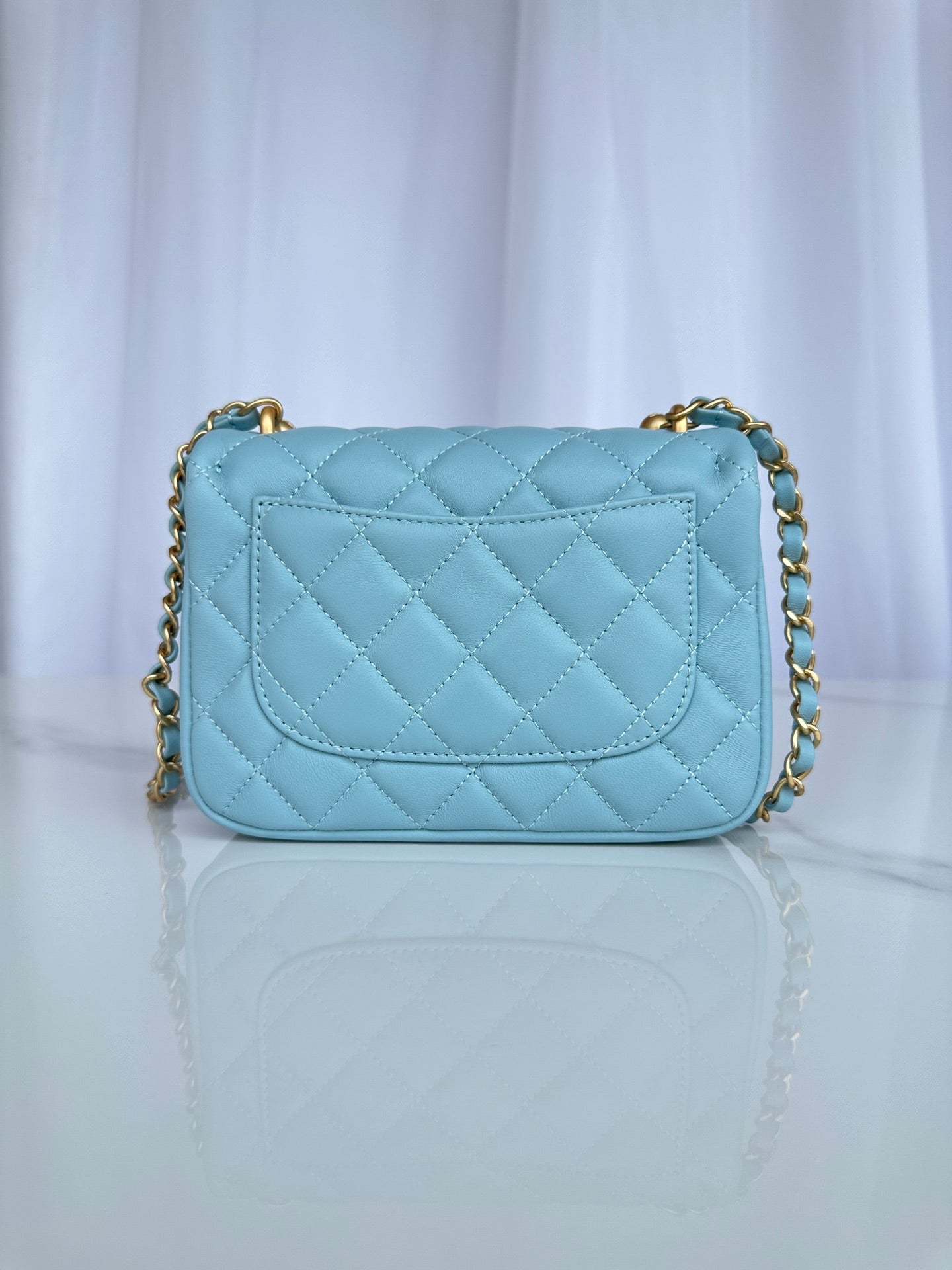 CC MINI 18 FLAP BAG IN LIGHT BLUE CALFSKIN