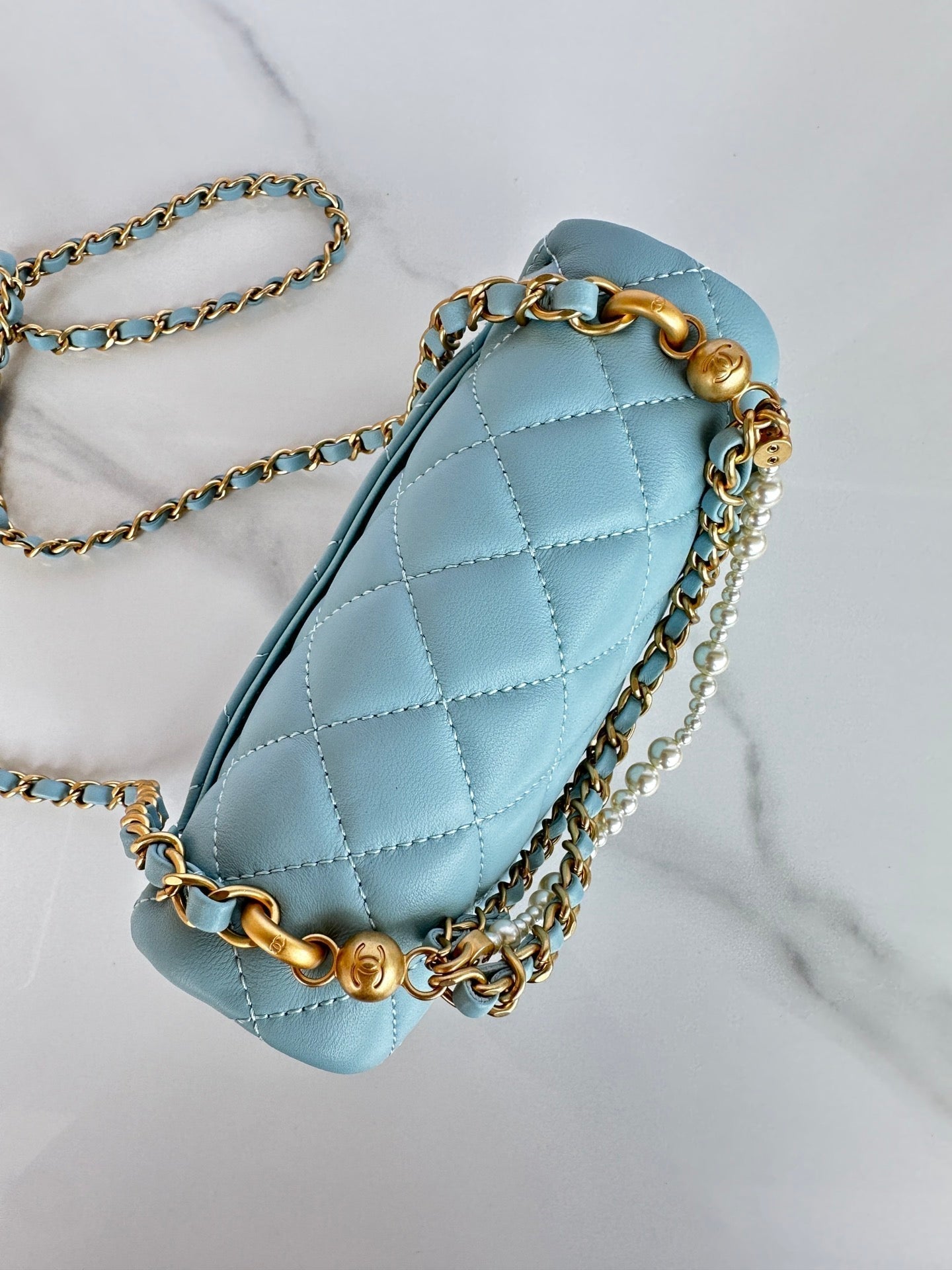 CC MINI 18 FLAP BAG IN LIGHT BLUE CALFSKIN