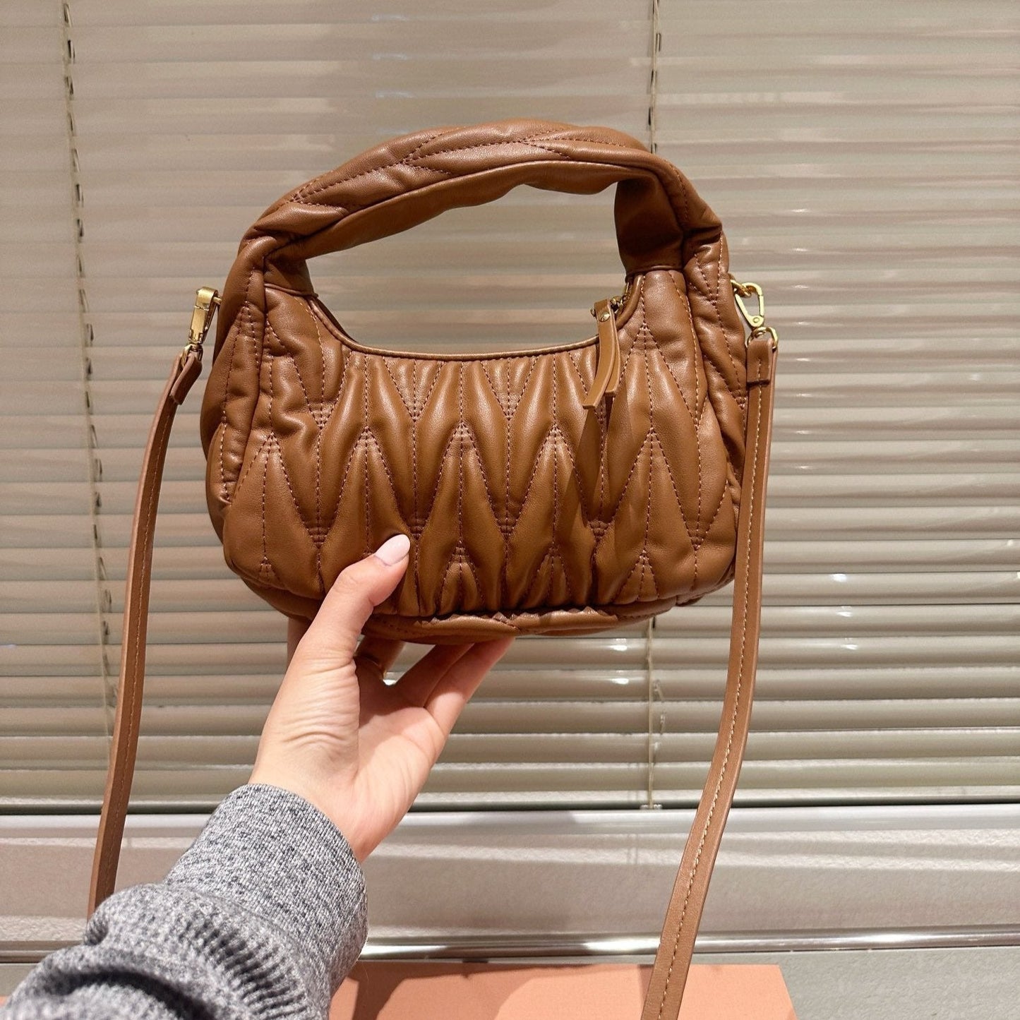 WANDER MATELASSÉ NAPPA HOBO BAG 23 IN CARAMEL BROWN LAMBSKIN