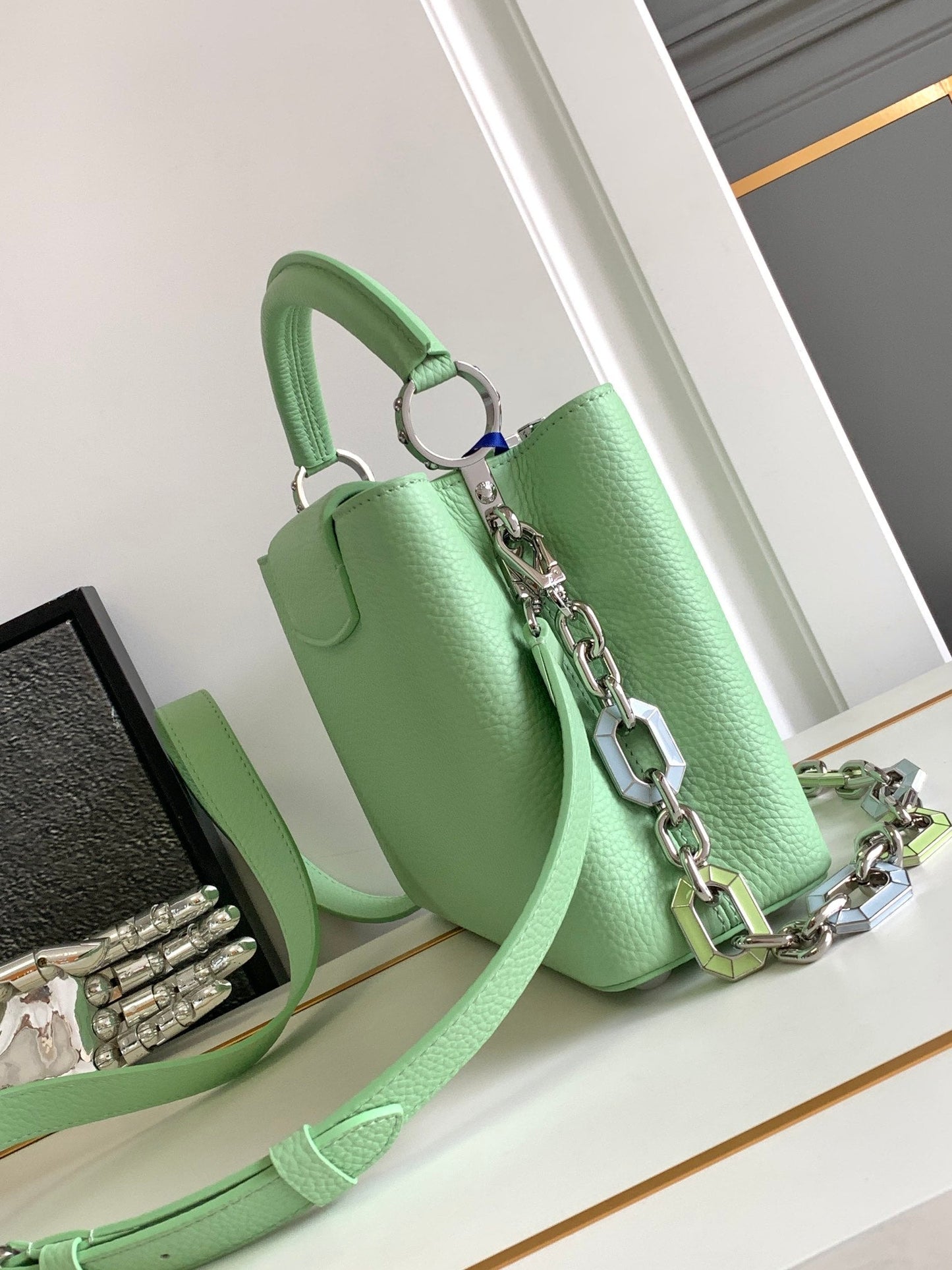 CAPUCINES BB 27 IN LIGHT GREEN TAURILLON SILVER HARDWARE