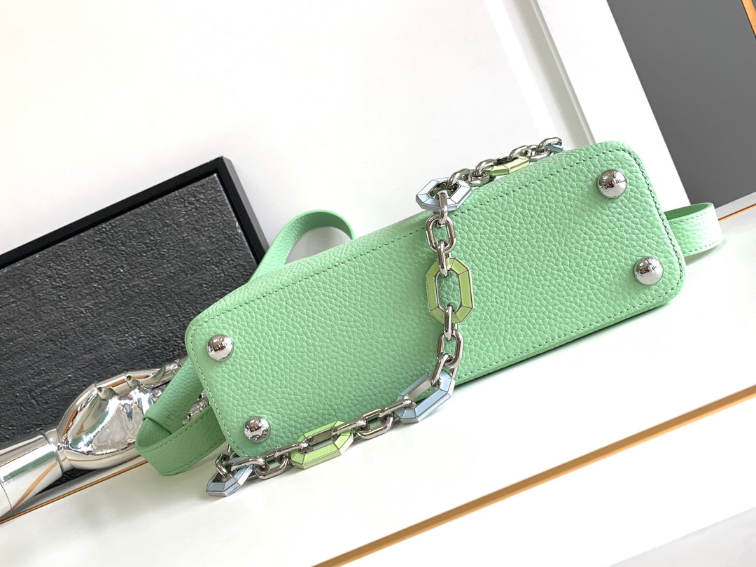 CAPUCINES BB 27 IN LIGHT GREEN TAURILLON SILVER HARDWARE