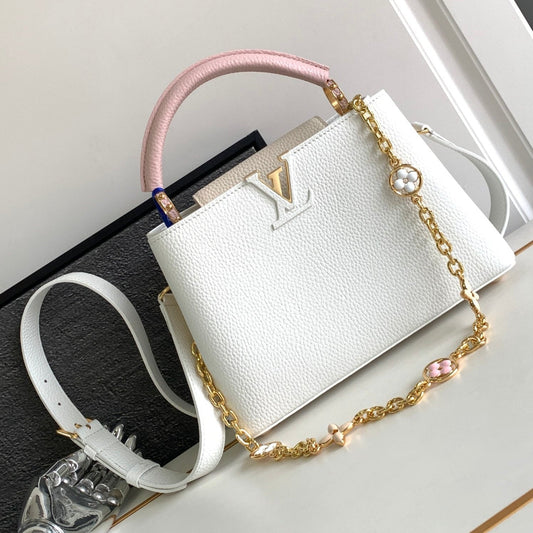 CAPUCINES BB 27 IN WHITE MIX PINK AND BEIGE TAURILLON GOLD HARDWARE