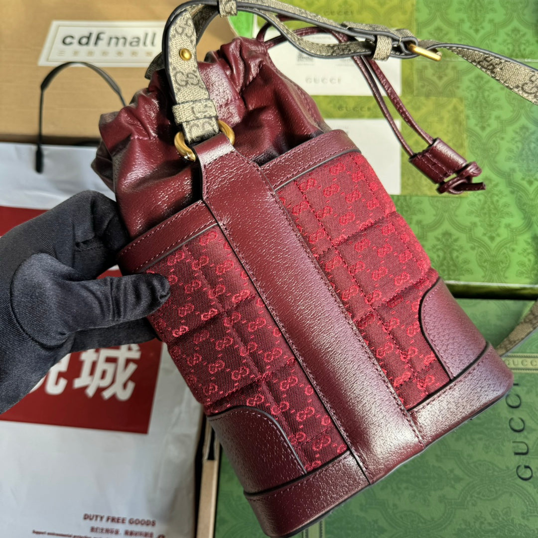 BUCKET BAG 18 IN BURGUNDY RED CANVAS AND CALFSKIN GOLD HARDWARE