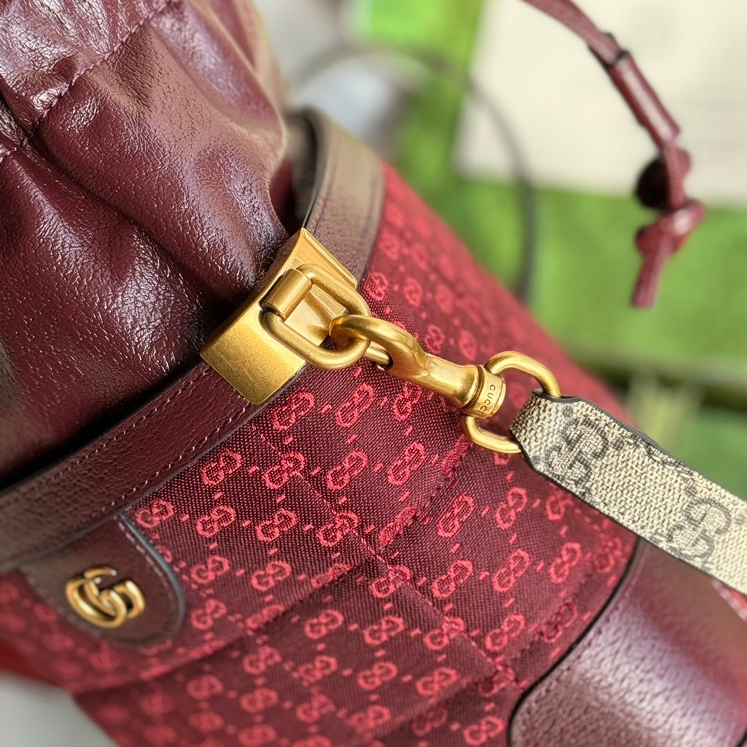 BUCKET BAG 18 IN BURGUNDY RED CANVAS AND CALFSKIN GOLD HARDWARE