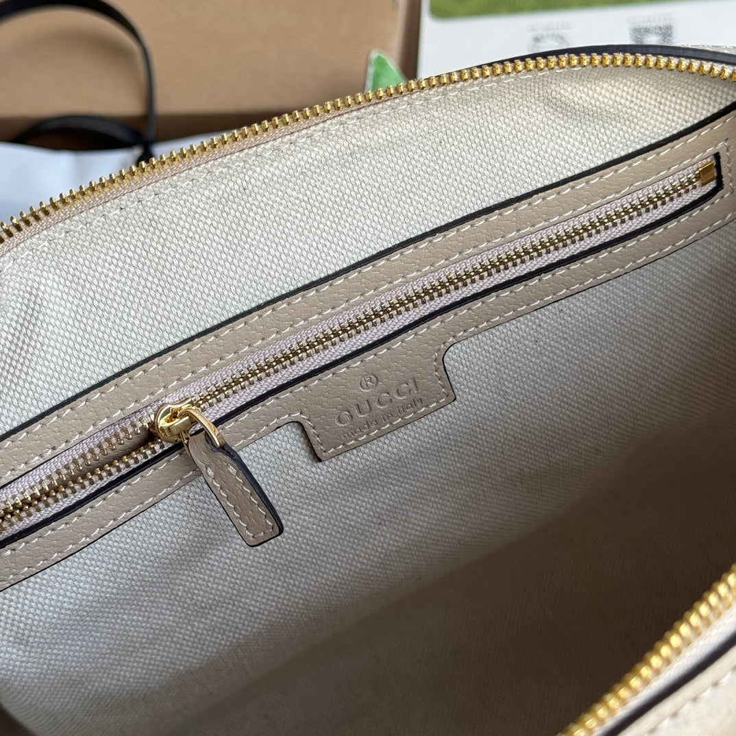 OPHIDIA MEDIUM TOP HANDLE BAG 31 IN BEIGE WHITE CANVAS AND OAT CALFSKIN TRIM GOLD HARDWARE