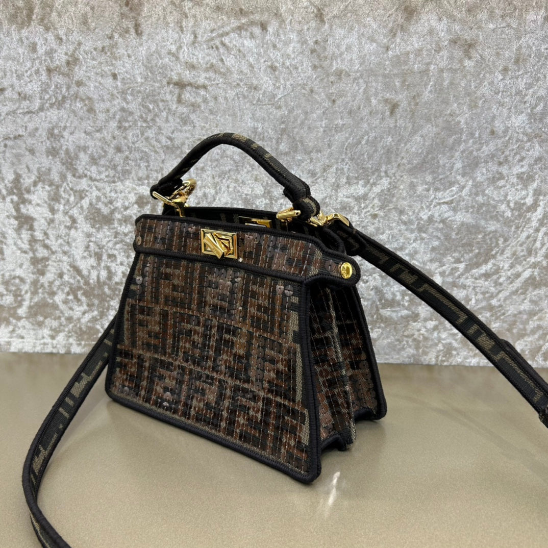 FENDI PEEKABOO ISEEU 20 BAG IN CHOCOLATE BROWN MIX BLACK NAPPA LEATHER GOLD HARDWARE