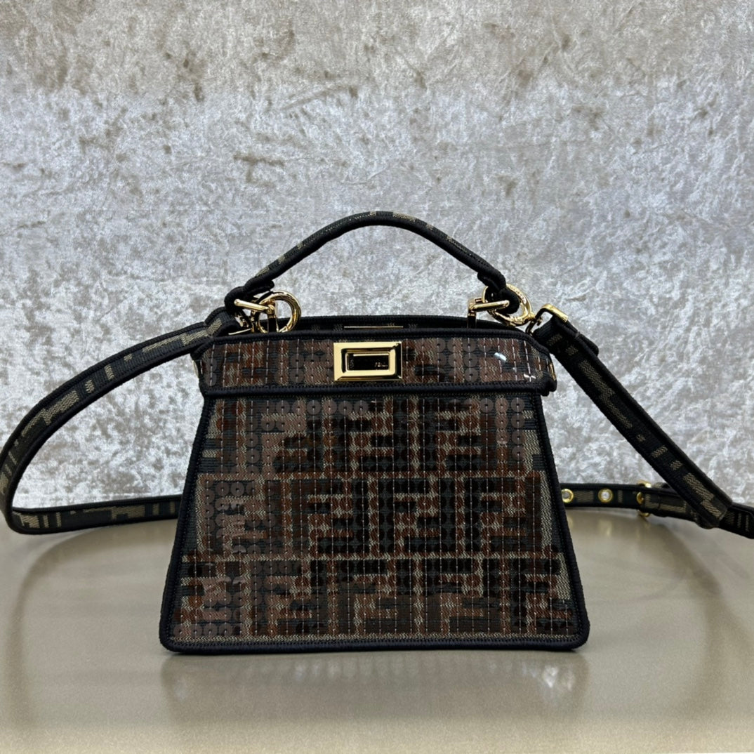 FENDI PEEKABOO ISEEU 20 BAG IN CHOCOLATE BROWN MIX BLACK NAPPA LEATHER GOLD HARDWARE