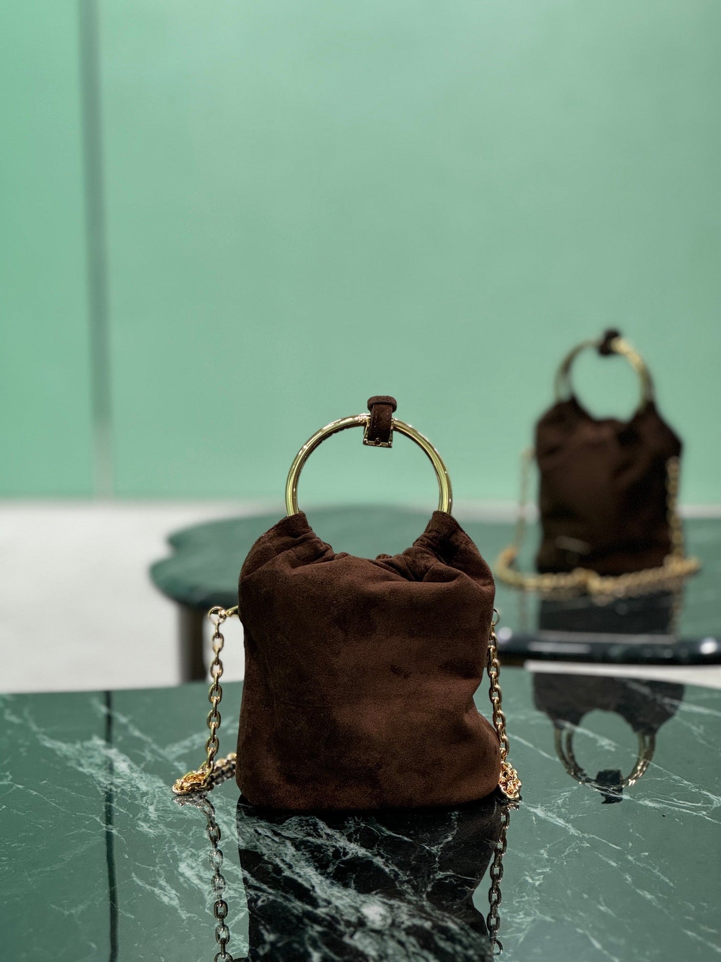 MINI BUCKET BAG 19 IN CHOCOLATE SOFT SUEDE GOLD HARDWARE