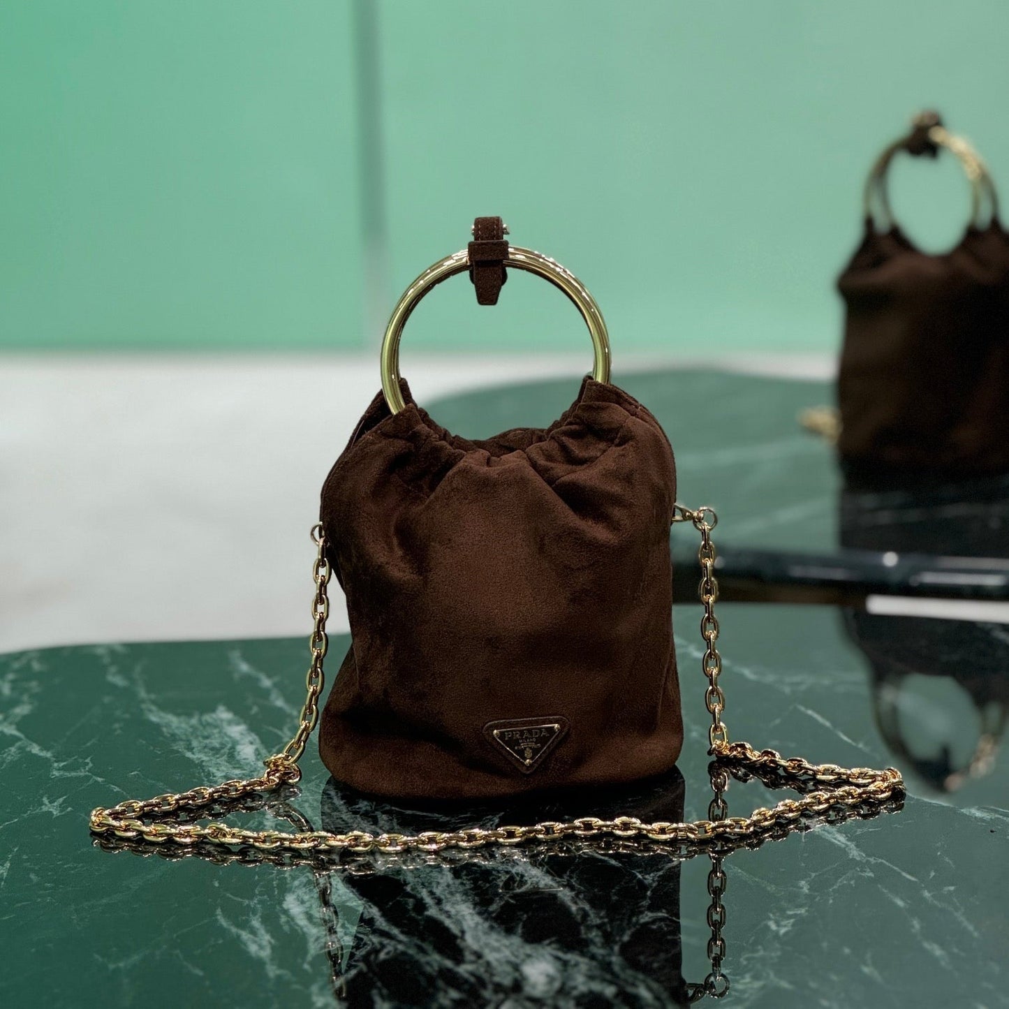 MINI BUCKET BAG 19 IN CHOCOLATE SOFT SUEDE GOLD HARDWARE