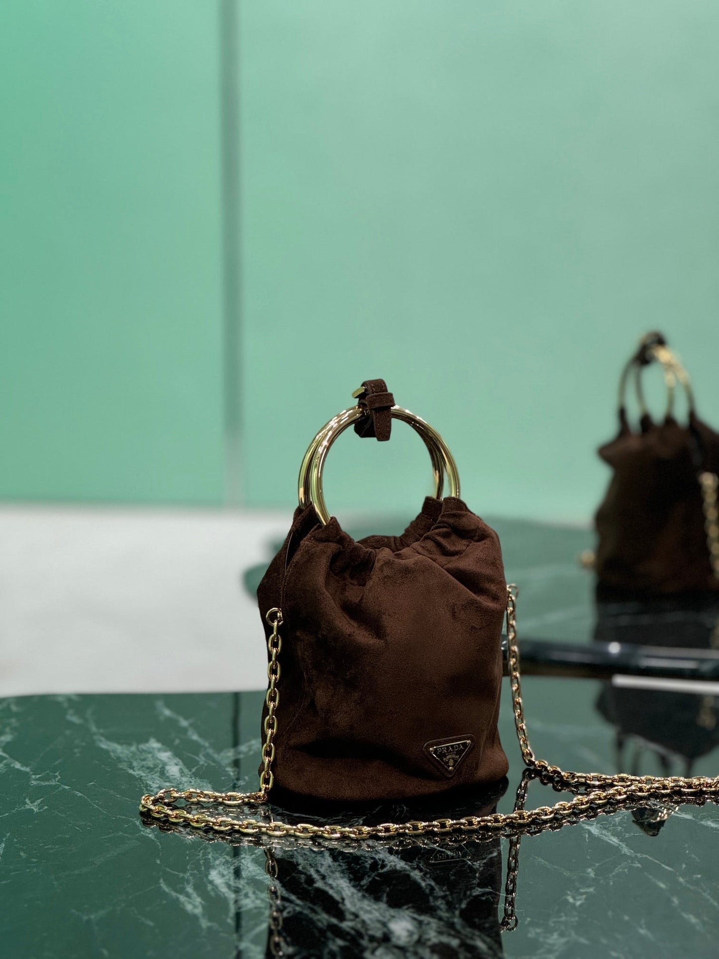 MINI BUCKET BAG 19 IN CHOCOLATE SOFT SUEDE GOLD HARDWARE