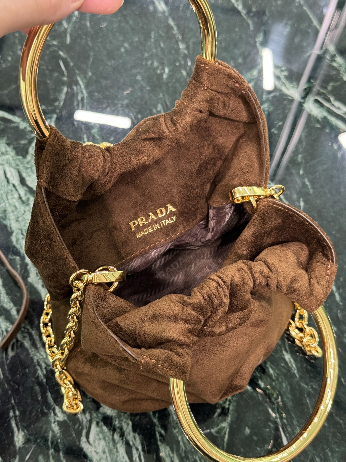 MINI BUCKET BAG 19 IN CHOCOLATE SOFT SUEDE GOLD HARDWARE