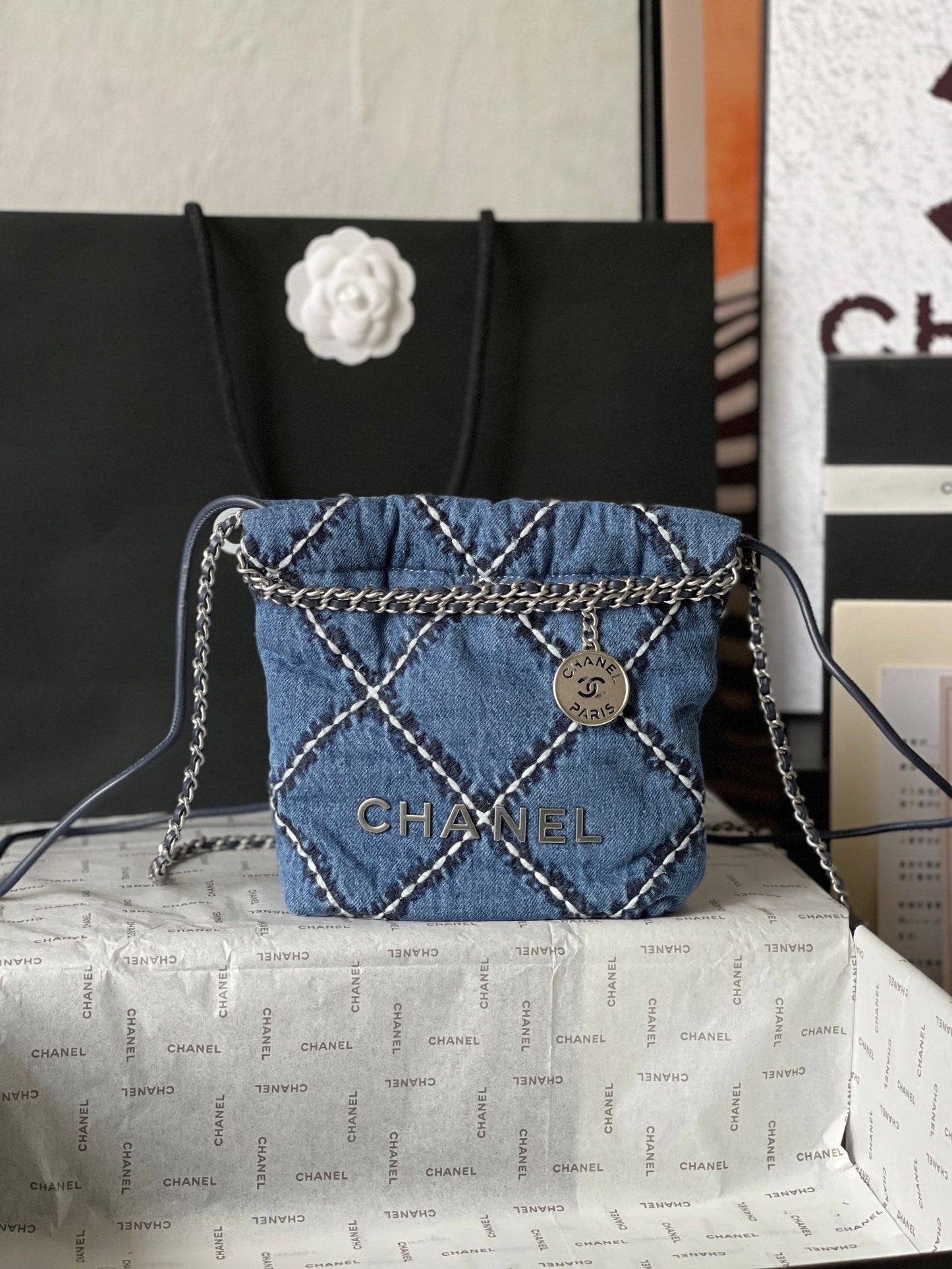 CC MINI 20 CROSSBODY BAG IN BLUE DENIM WITH CHAIN