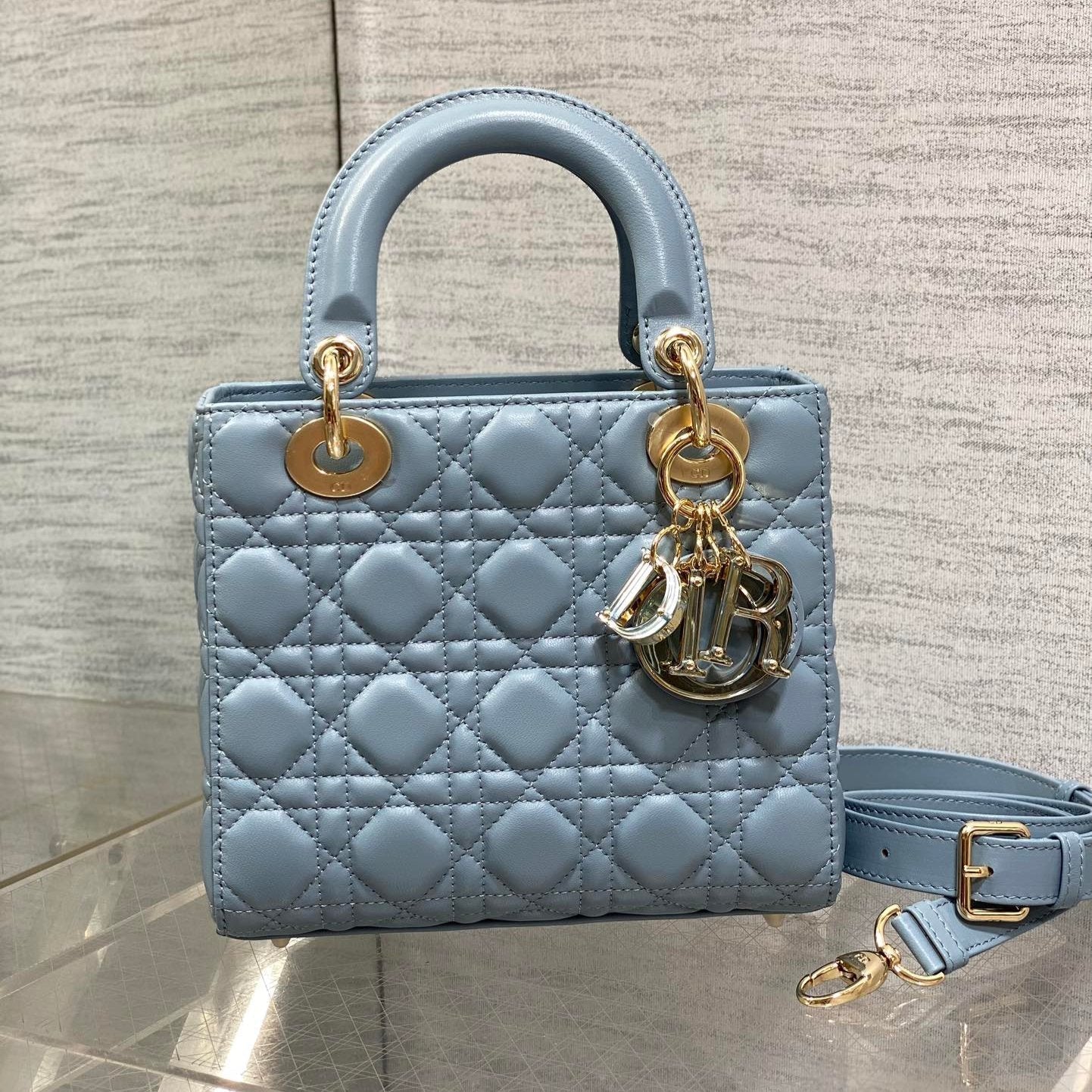 LADY MINI BAG 20 IN CERULEAN BLUE LAMBSKIN