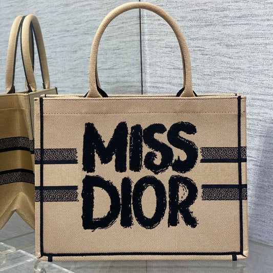 BOOK TOTE 36 BEIGE AND BLACK MISS DIOR GRAFFITI EMBROIDERY