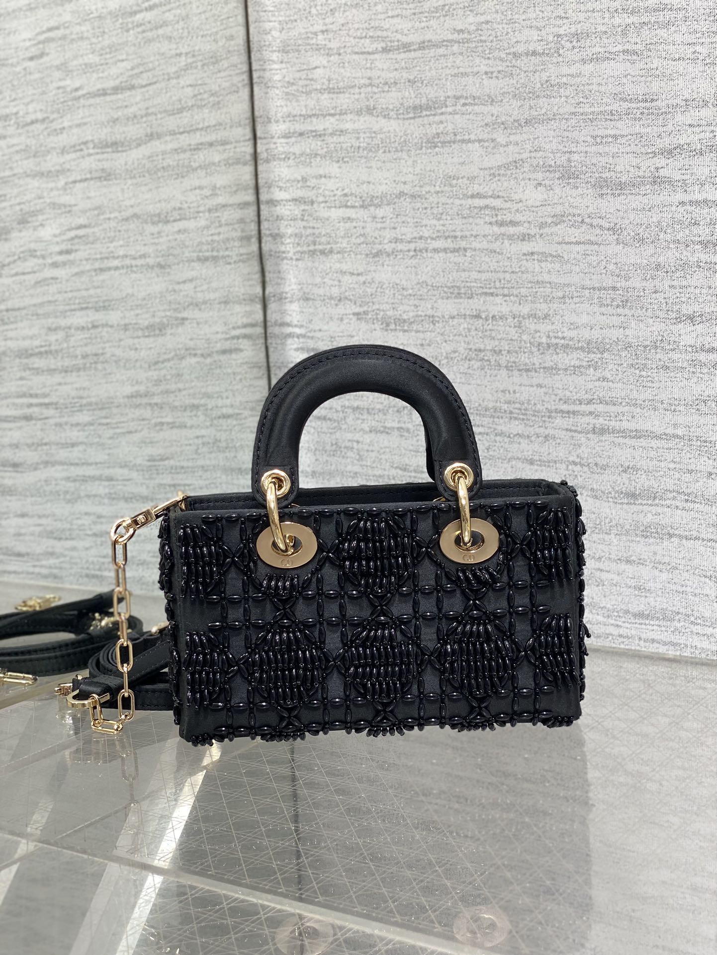 MINI LADY BAG 16 IN BLACK SATIN AND CALFSKIN WITH BEADED DESIGN