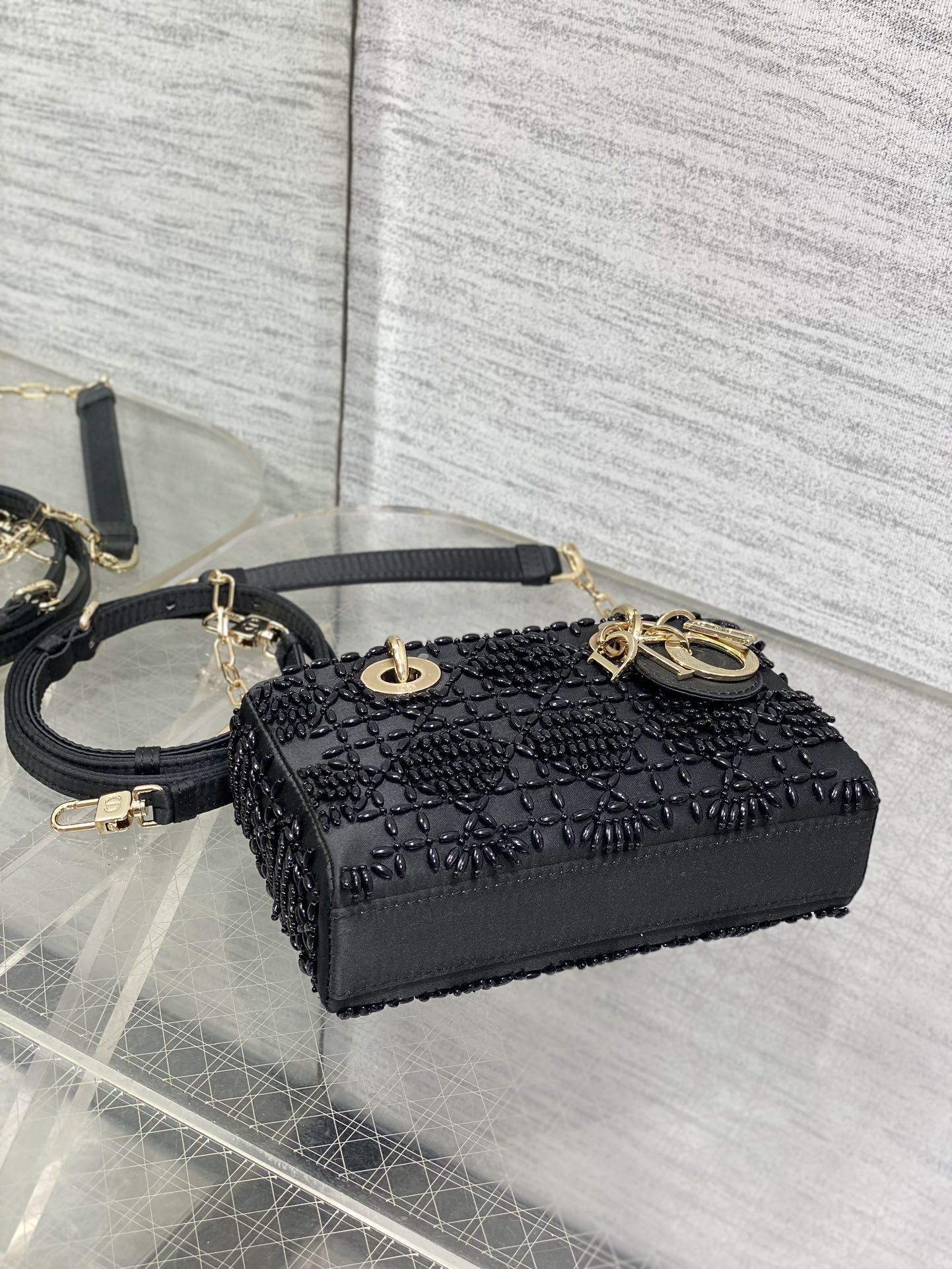 MINI LADY BAG 16 IN BLACK SATIN AND CALFSKIN WITH BEADED DESIGN