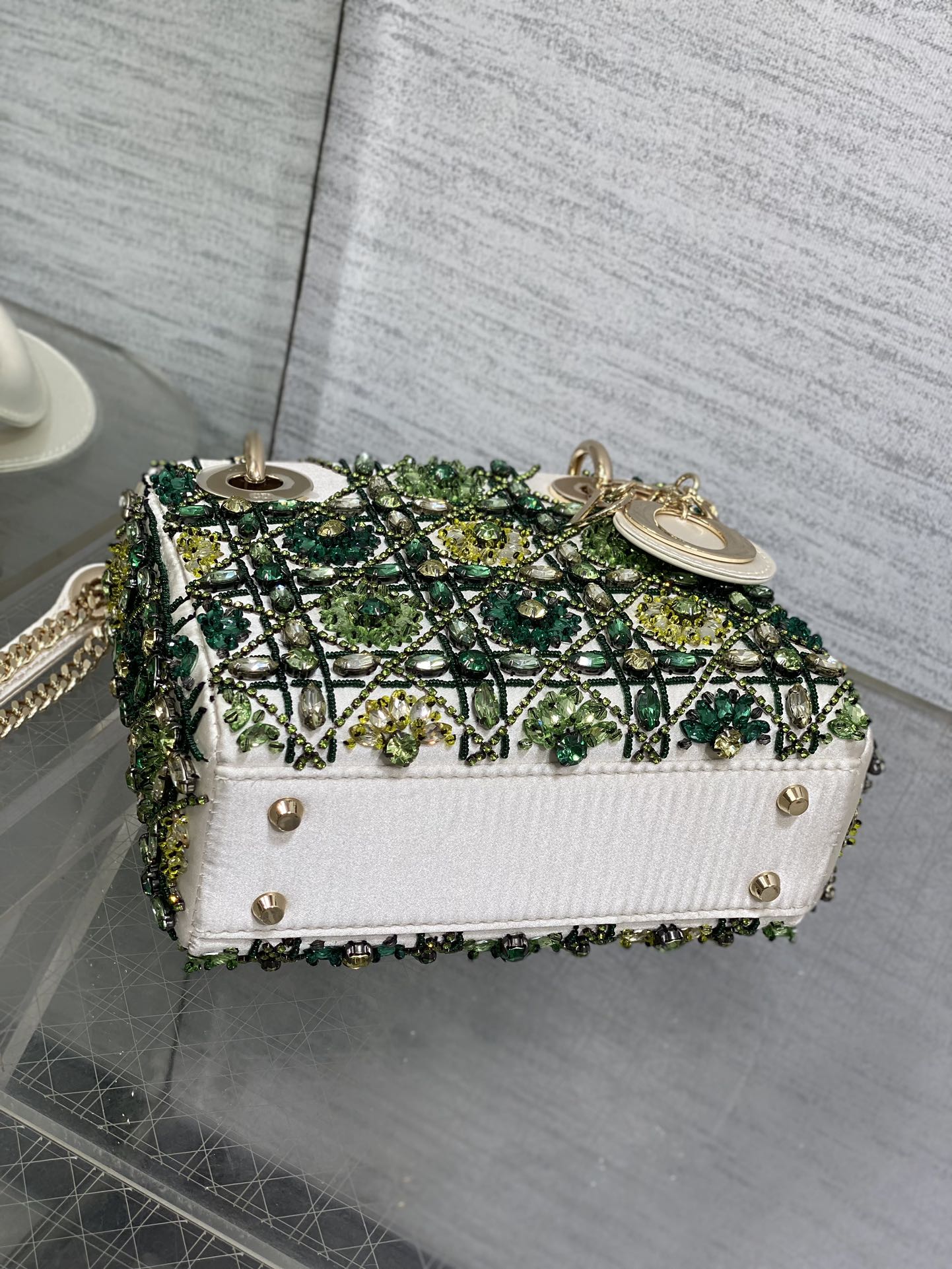 MINI 17 LADY BAG IN WHITE SATIN WITH GREEN EMBROIDERED BEADWORK