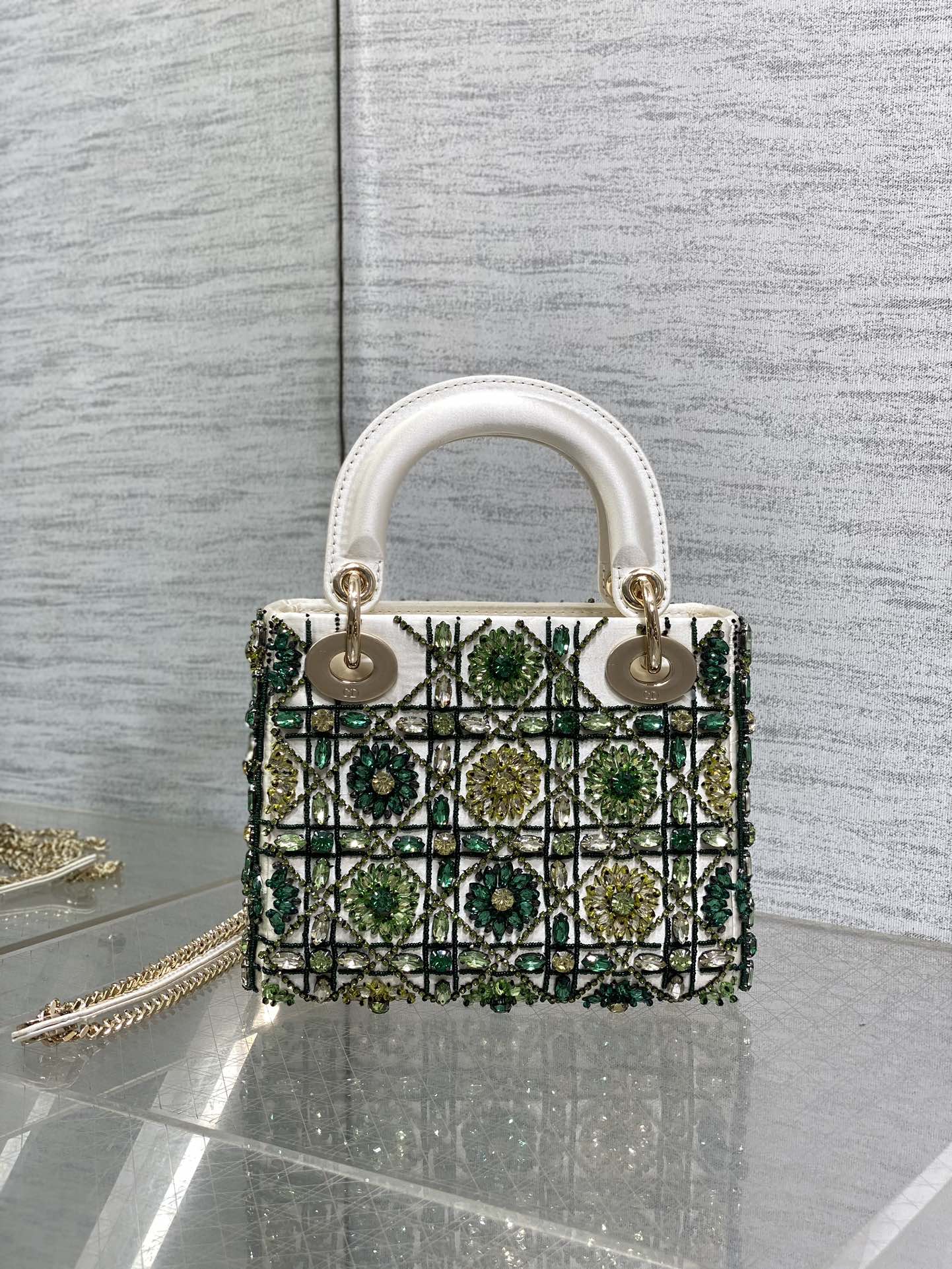 MINI 17 LADY BAG IN WHITE SATIN WITH GREEN EMBROIDERED BEADWORK