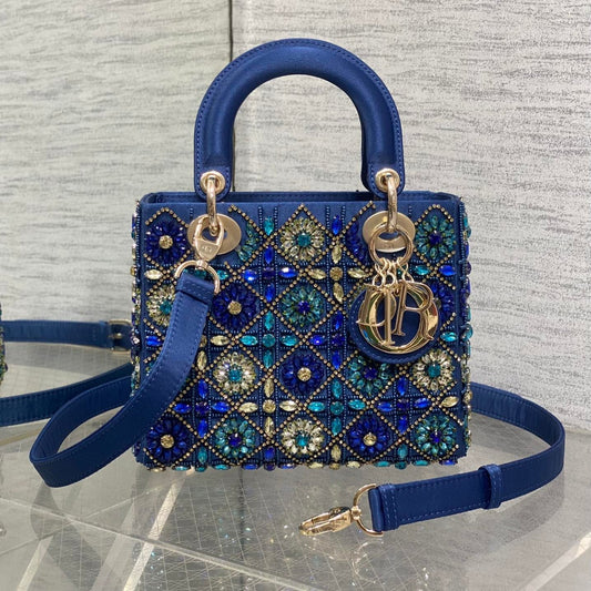 MINI 20 LADY BAG IN COBALT BLUE SATIN WITH COLORFUL EMBROIDERED BEADWORK