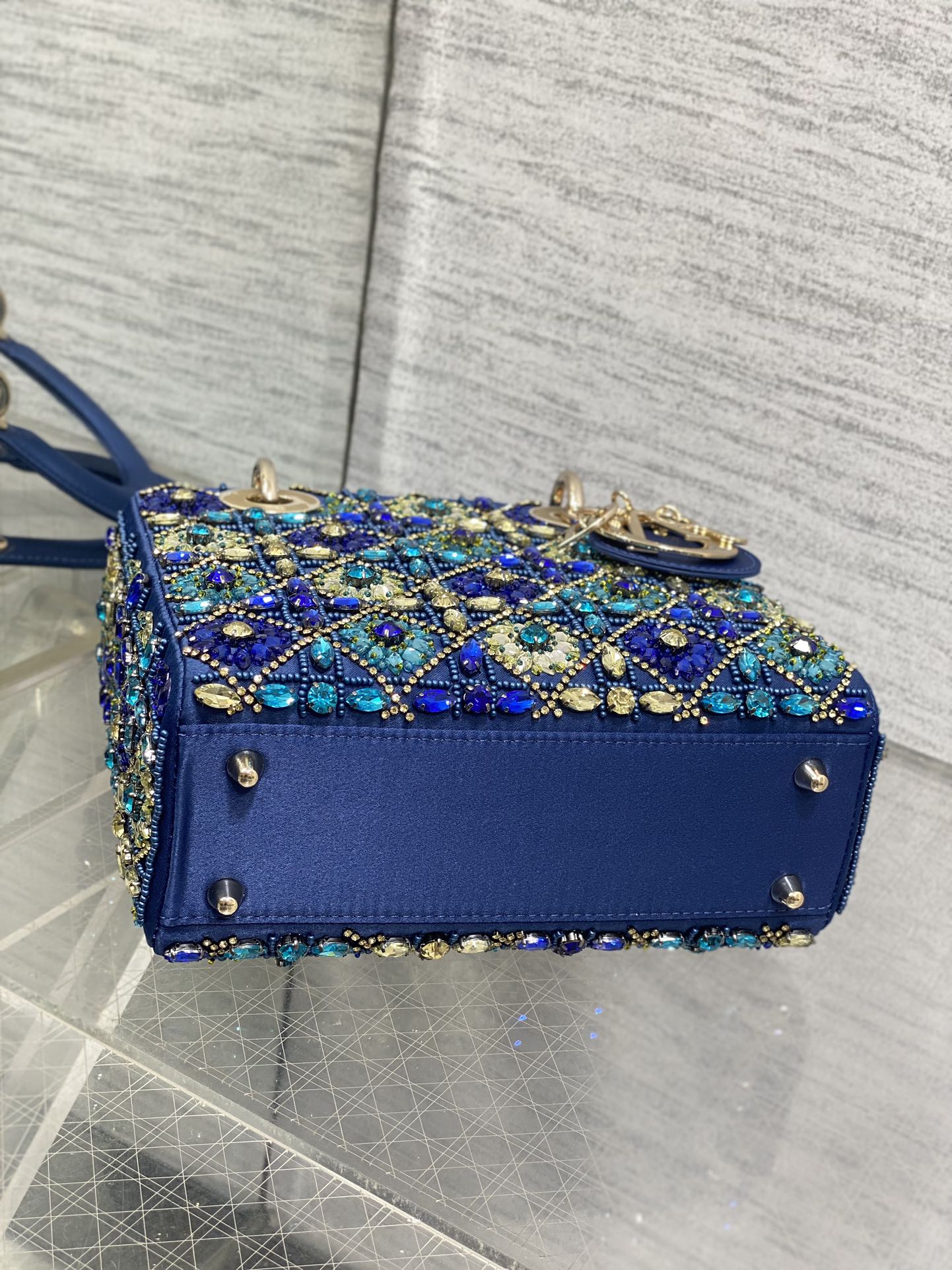 MINI 20 LADY BAG IN COBALT BLUE SATIN WITH COLORFUL EMBROIDERED BEADWORK