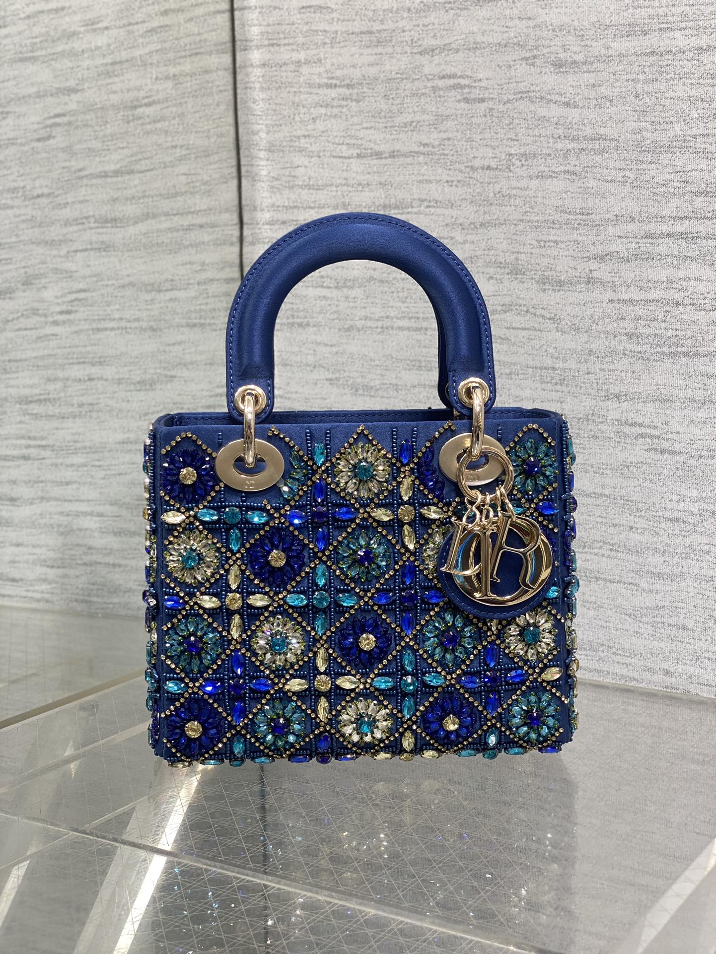 MINI 20 LADY BAG IN COBALT BLUE SATIN WITH COLORFUL EMBROIDERED BEADWORK